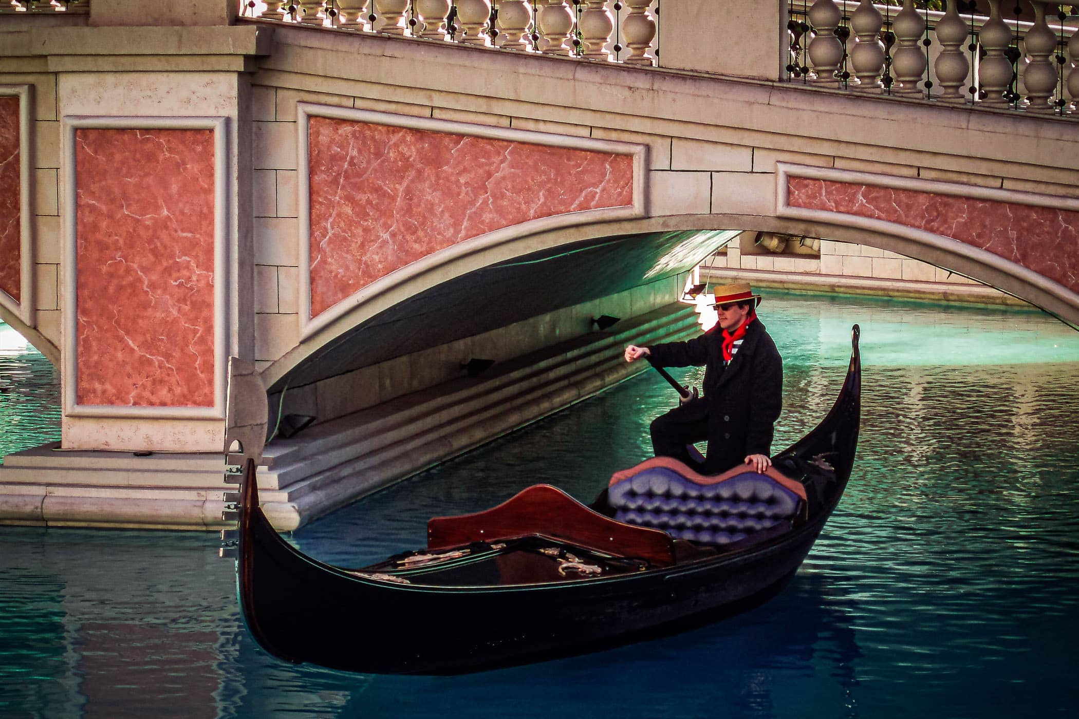 A gondolier in his gondola at The Venetian in Las Vegas.