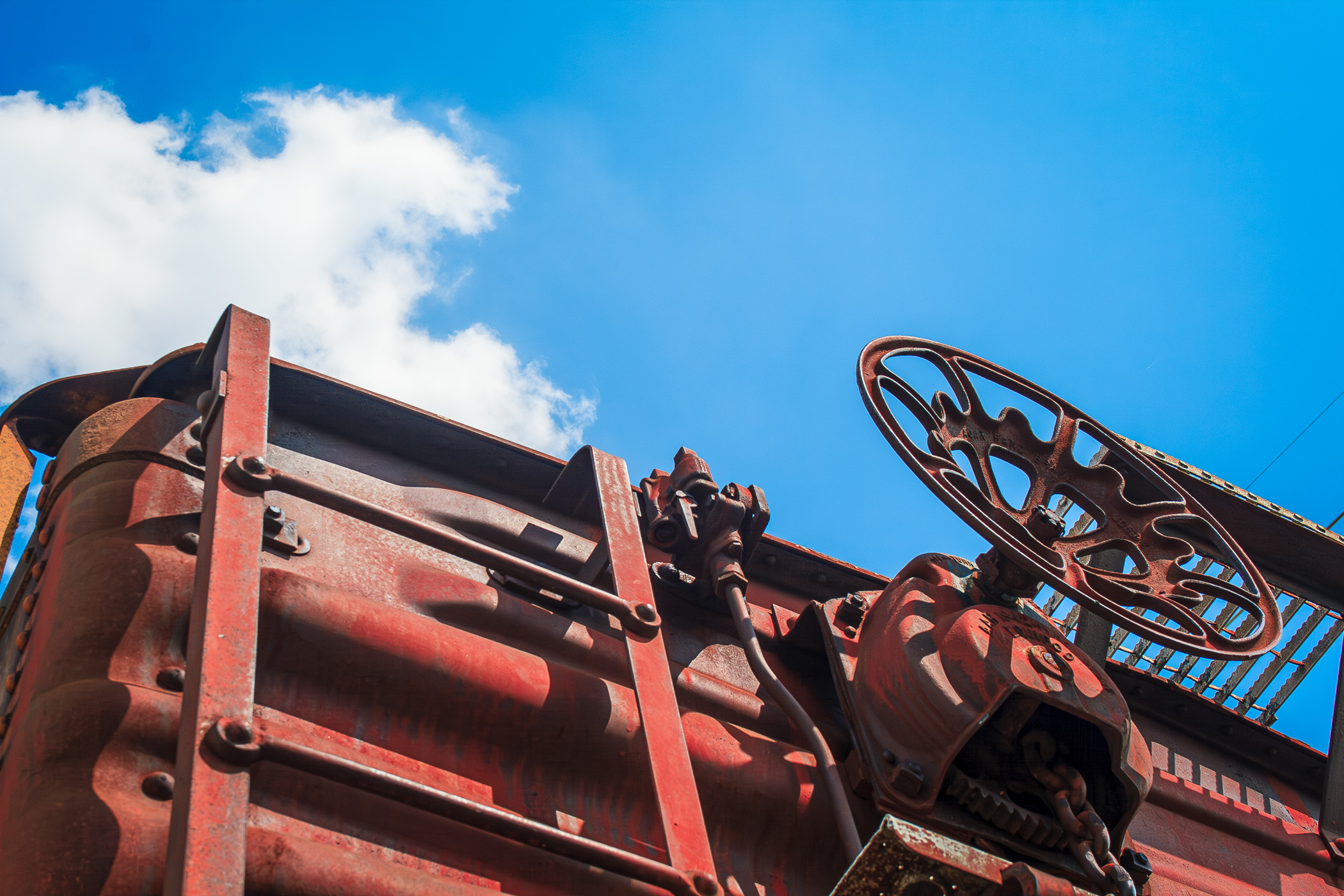 A brake wheel on an old hopper railcar in Grapevine, Texas.