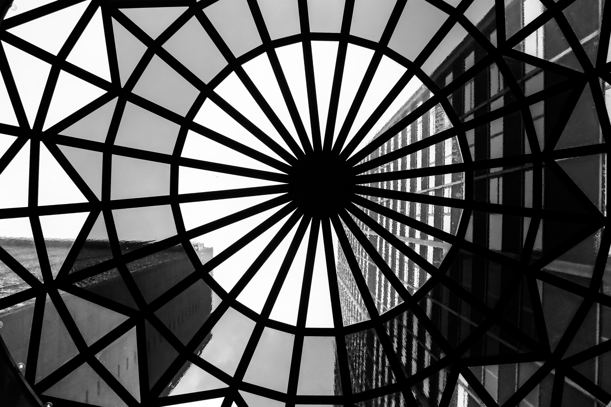 Through the skylight of the portico at the Sheraton Hotel in Downtown Dallas on a rainy Saturday.