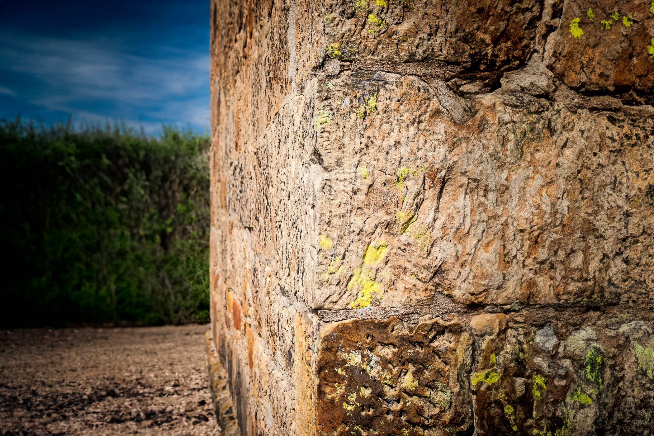 A mossy wall corner at Fort Richardson State Park in Jacksboro, Texas.