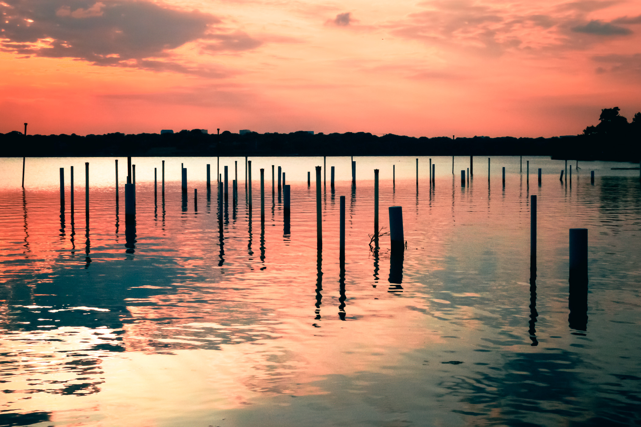 The sun sets over Dallas’ White Rock Lake. The poles in the foreground are part of an art installation by Frances Bagley and Tom Orr entitled “Wildlife Water Theater“.