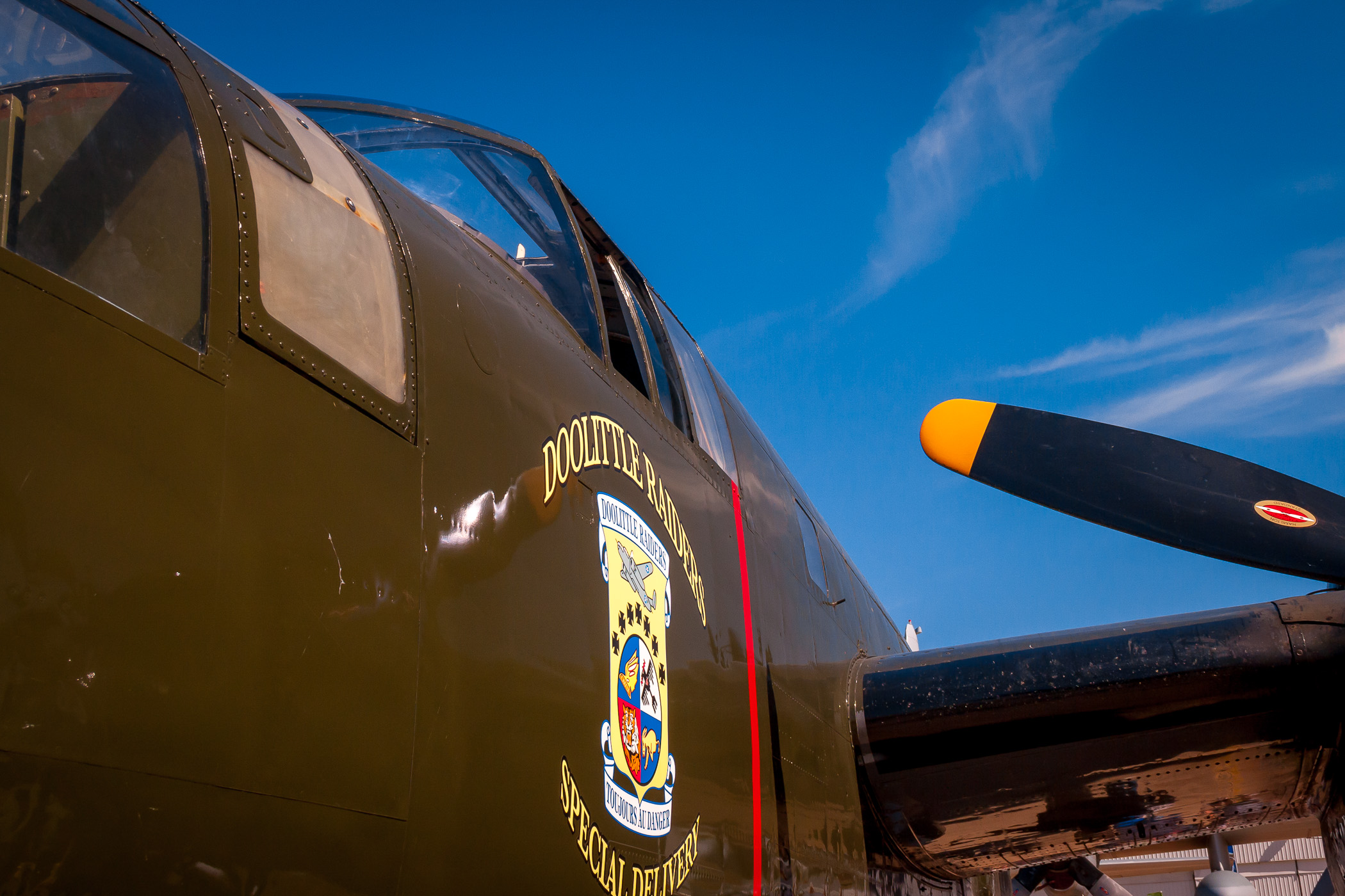 Detail of a B-25 Mitchell medium bomber from the 17th Bombardment Group that took part in the 1942 bombing raid on Tokyo led by Jimmy Doolittle.