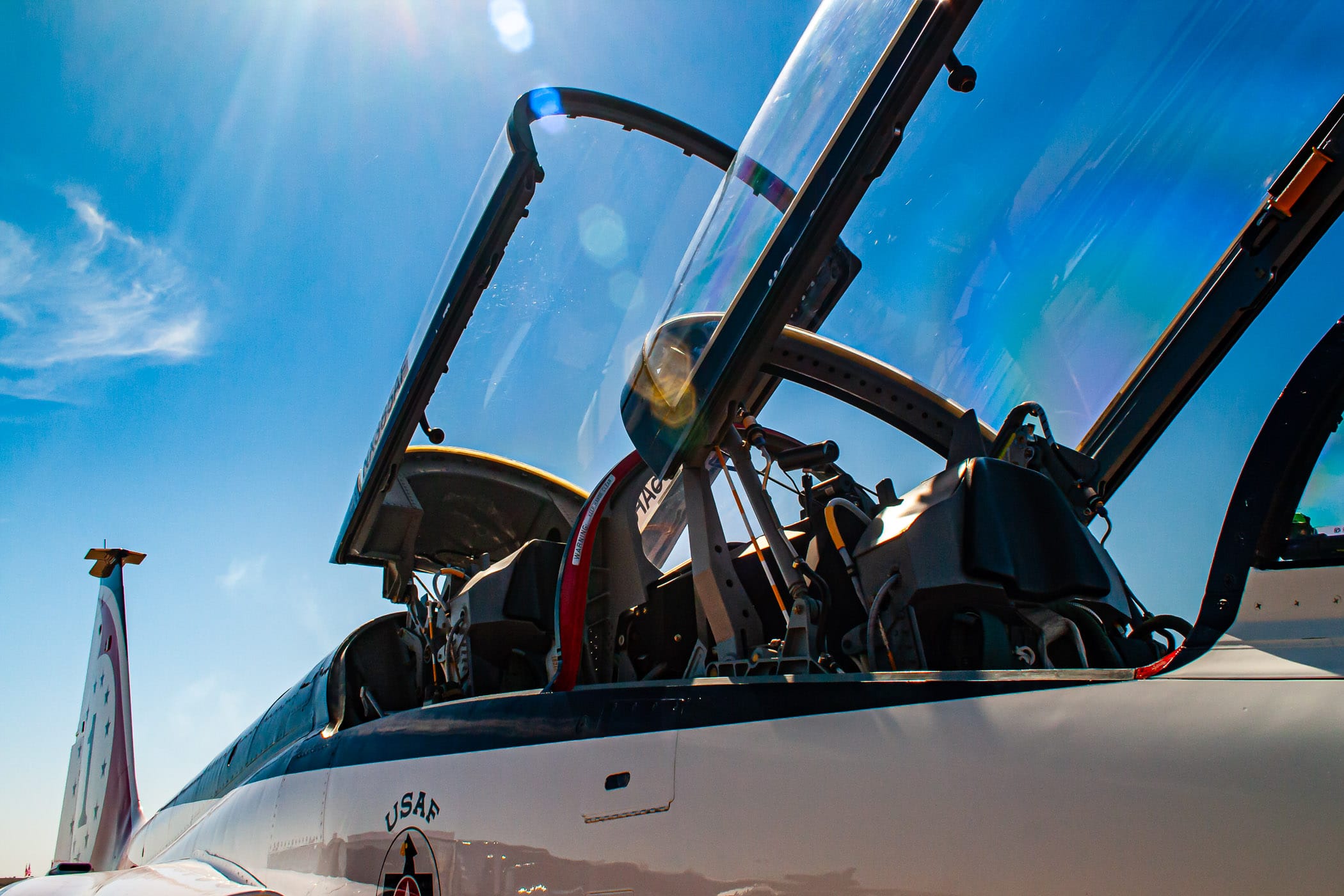 Detail of a United States Air Force T-38 Talon's tandem cockpit at the Fort Worth-Alliance Air Show.