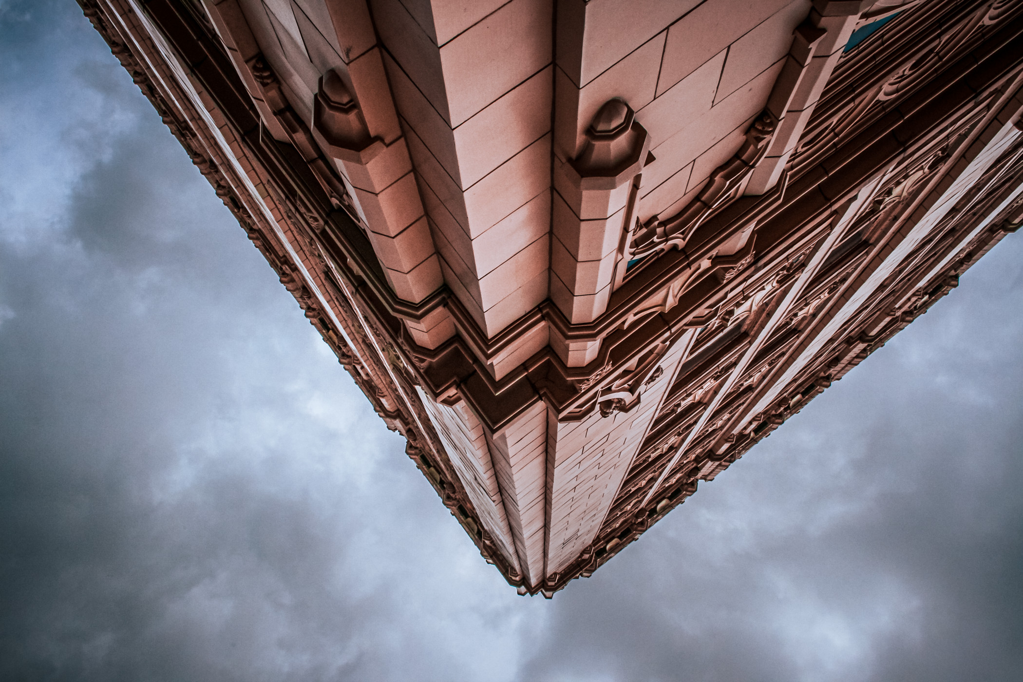 Exterior detail of Chase Bank in Corsicana, Texas, as a storm rolls in.