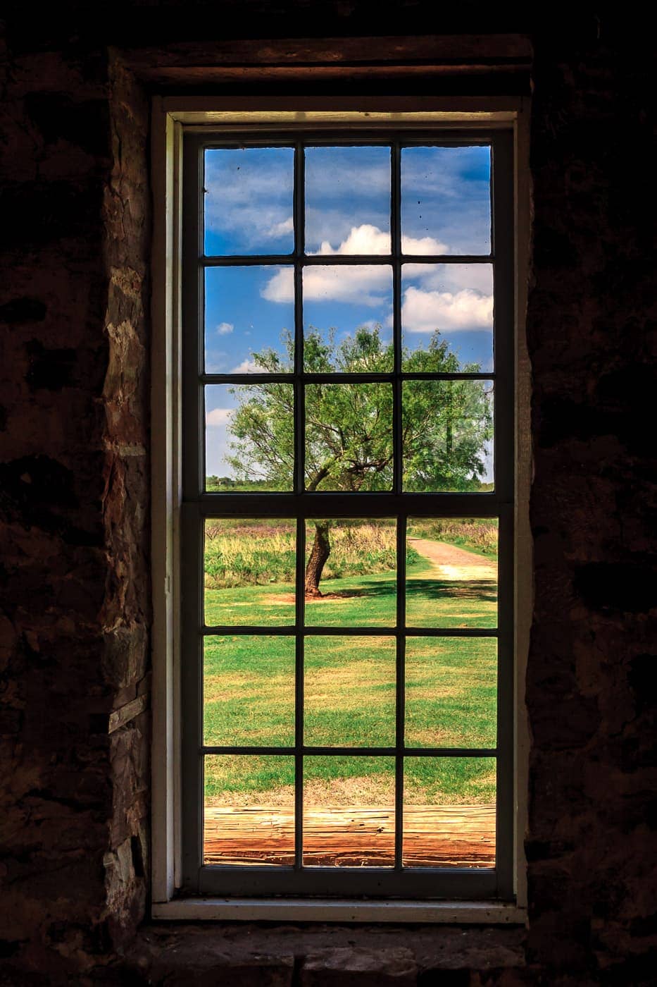 A tree seen through a window at Fort Richardson, Jacksboro, Texas.