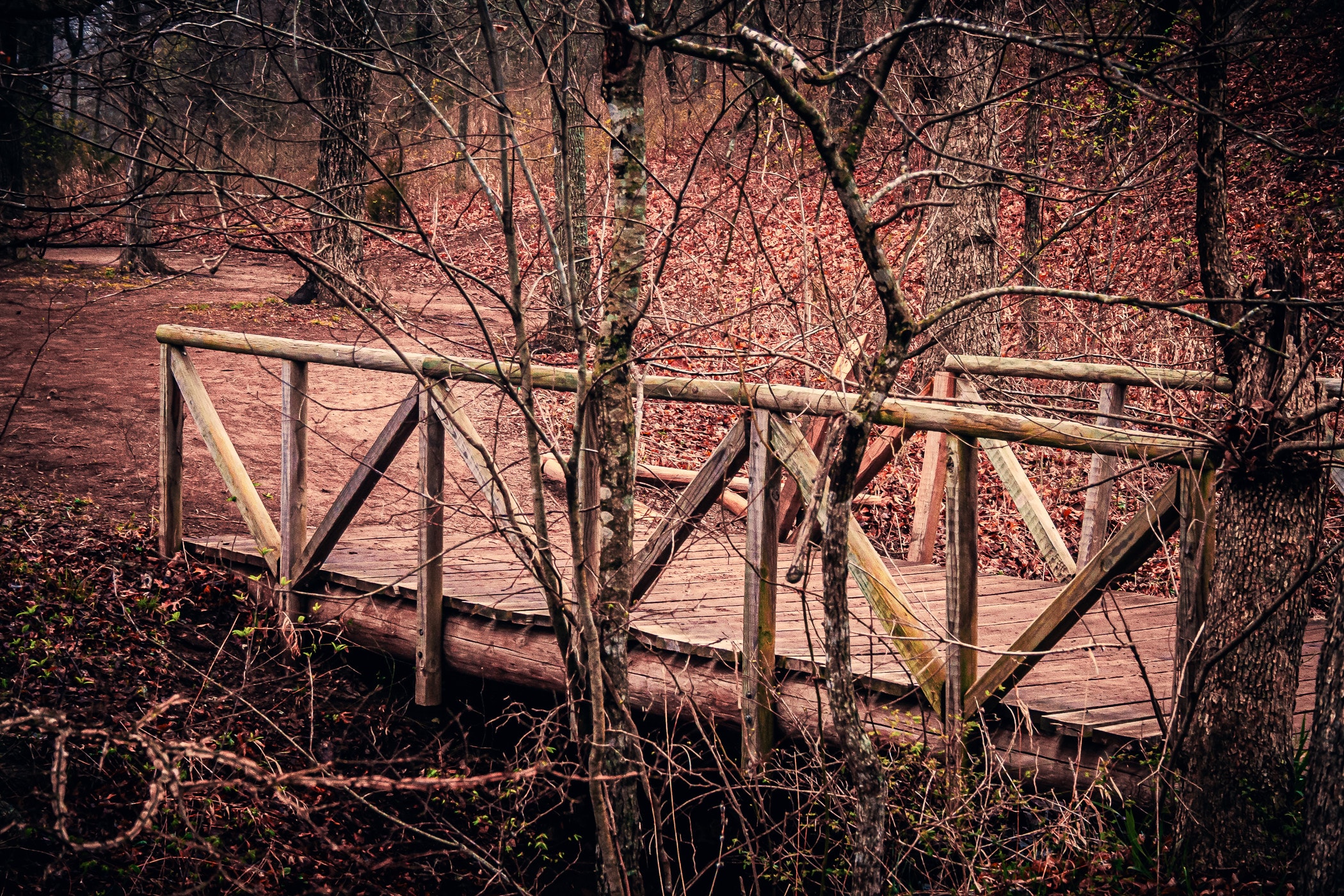 An old wooden footbridge at Turner Falls Park, Oklahoma.