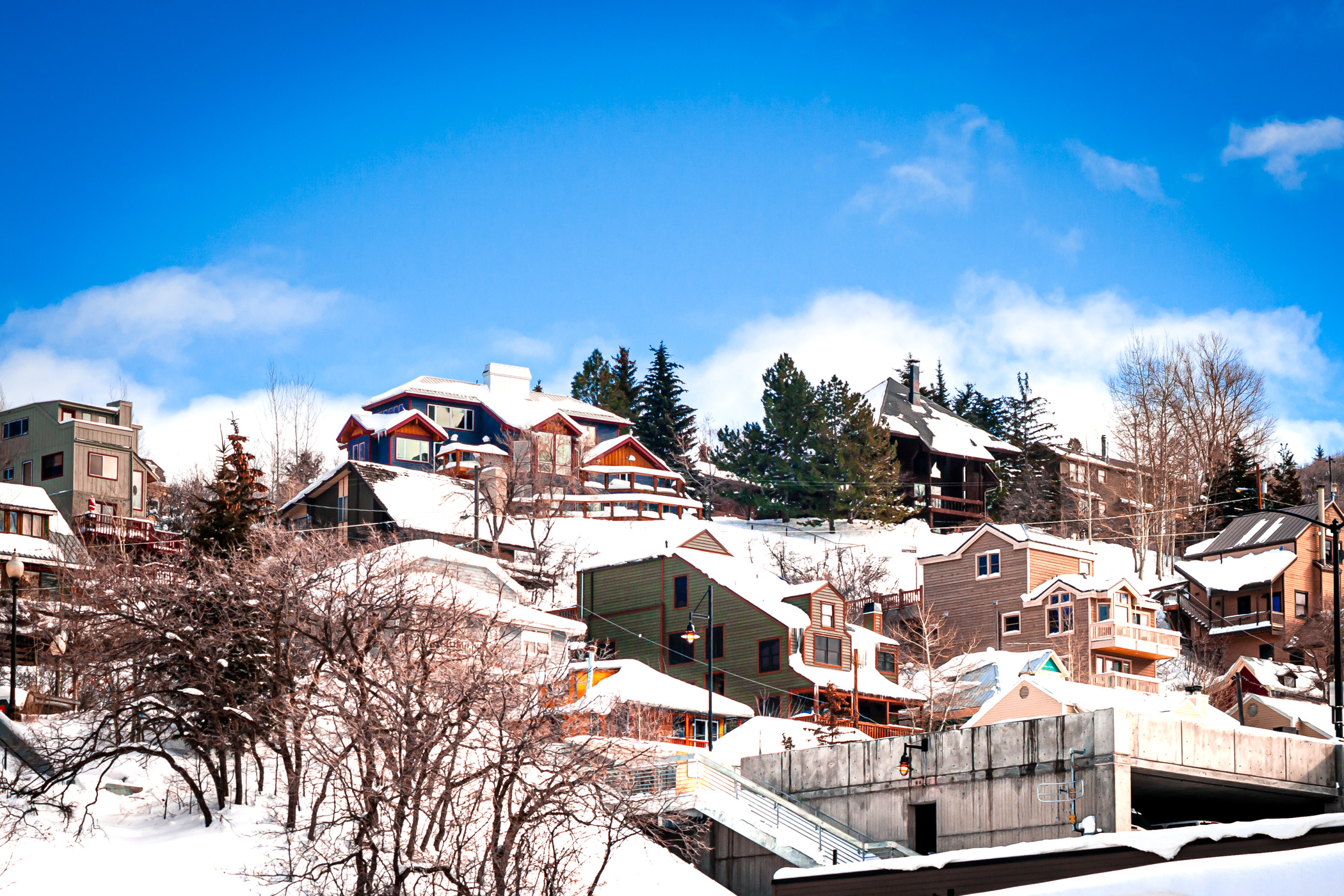 Snow-covered houses in Park City, Utah.