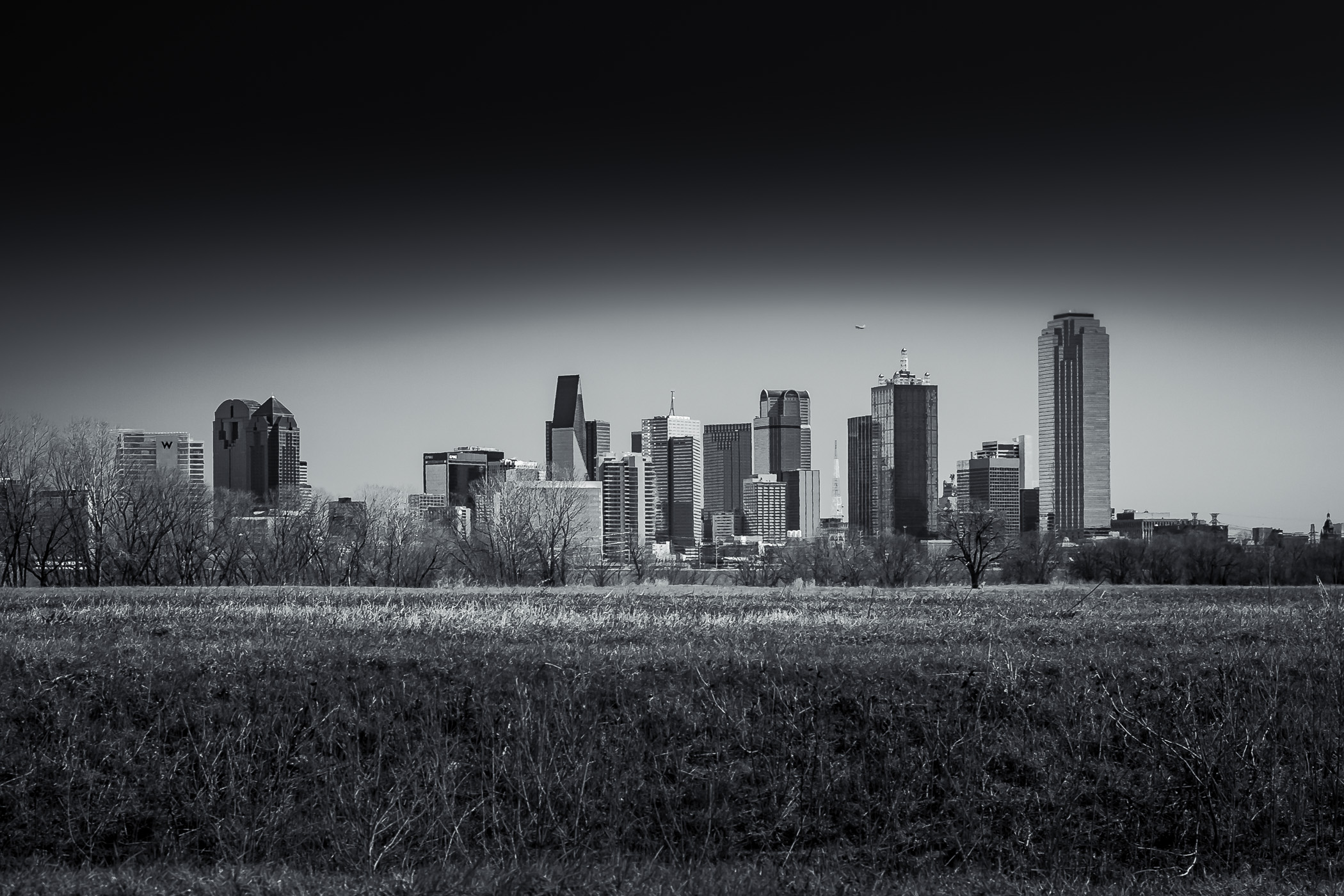 Downtown Dallas rises from the North Texas prairie.