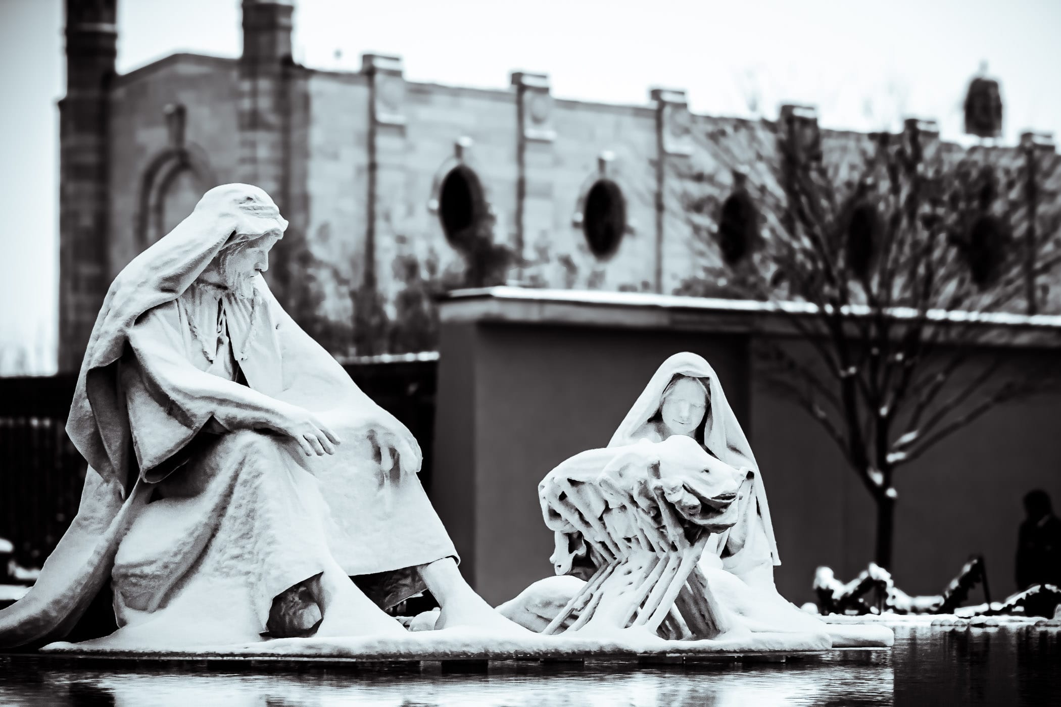 A nativity scene seems to float on water in Salt Lake City's Temple Square.