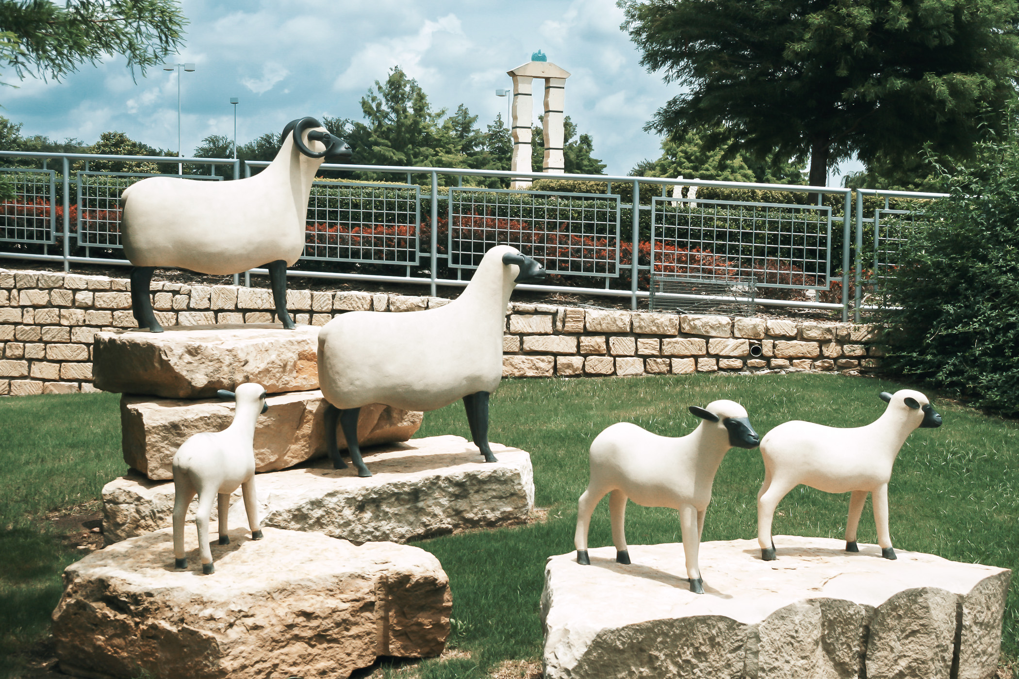 A sculpture of sheep at the Texas Sculpture Garden in Frisco, Texas.