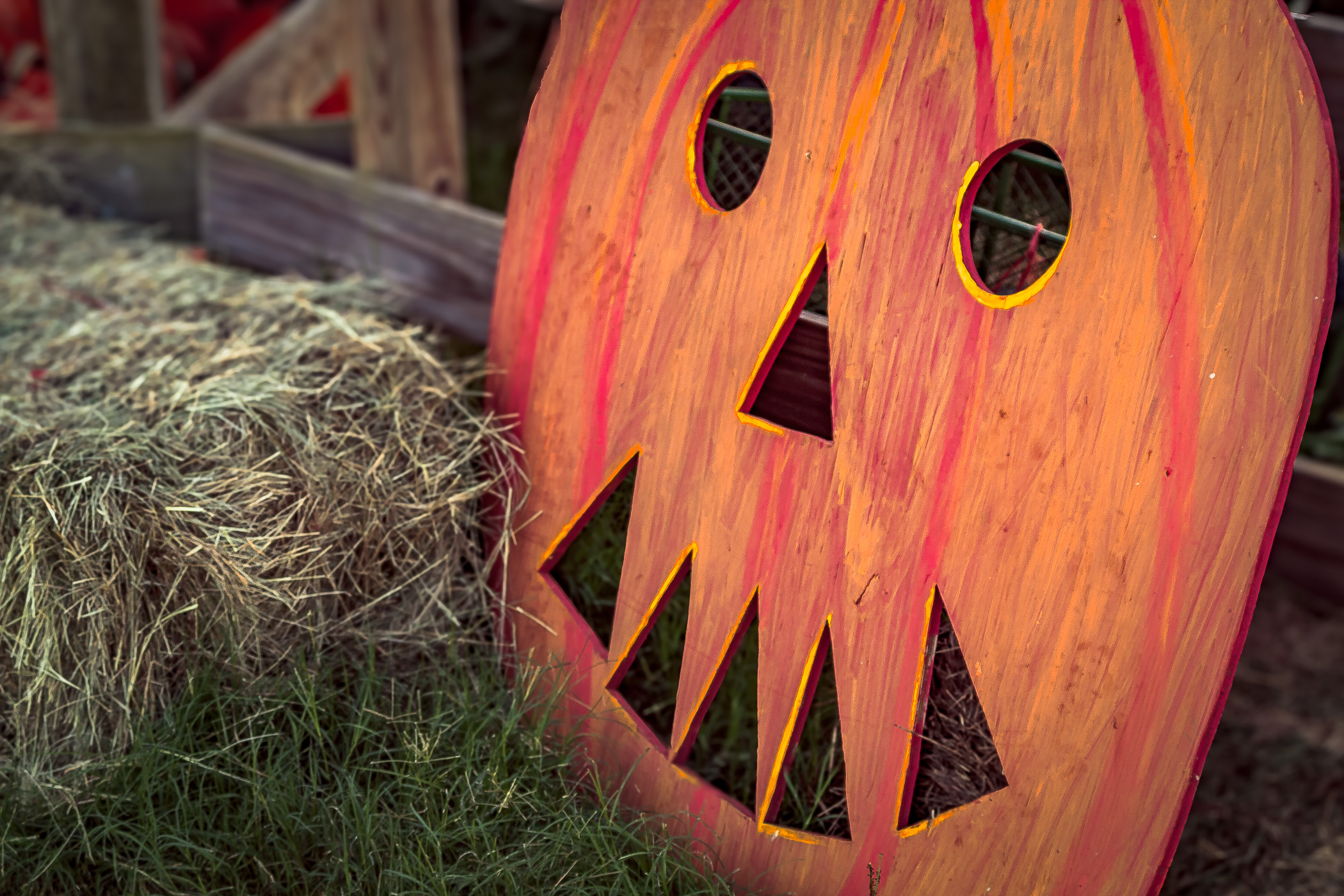 A wooden jack-o-lantern at Moore Farms, Bullard, Texas.