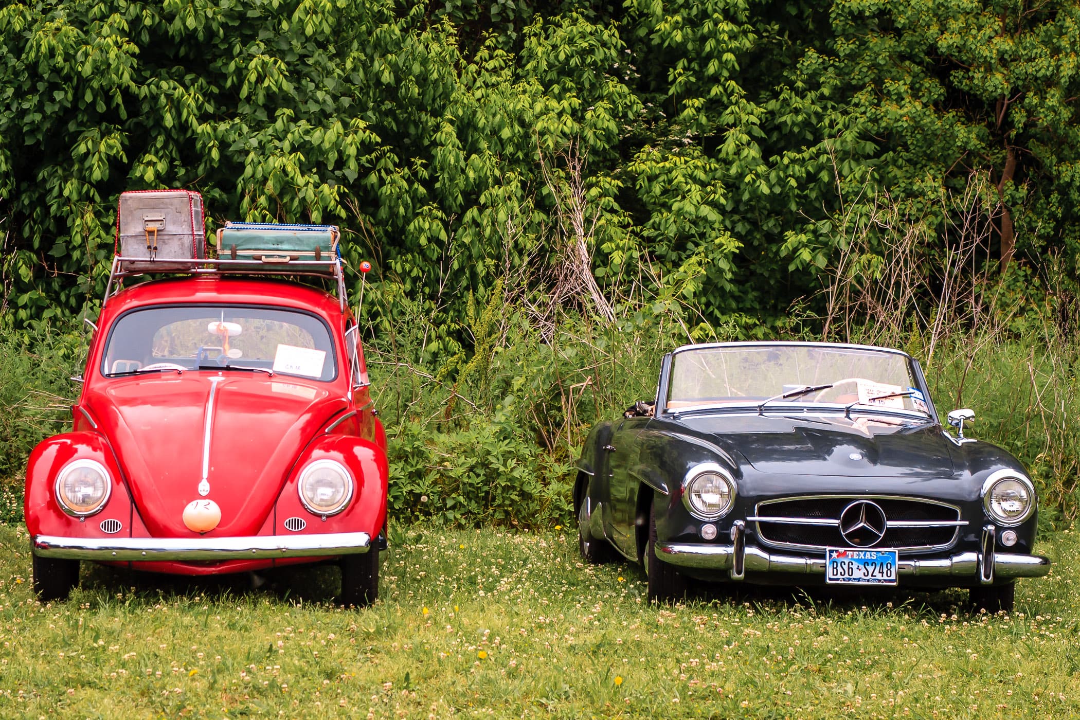 A classic Volkswagen and Mercedes Benz at Dallas' All British and European Car Day.