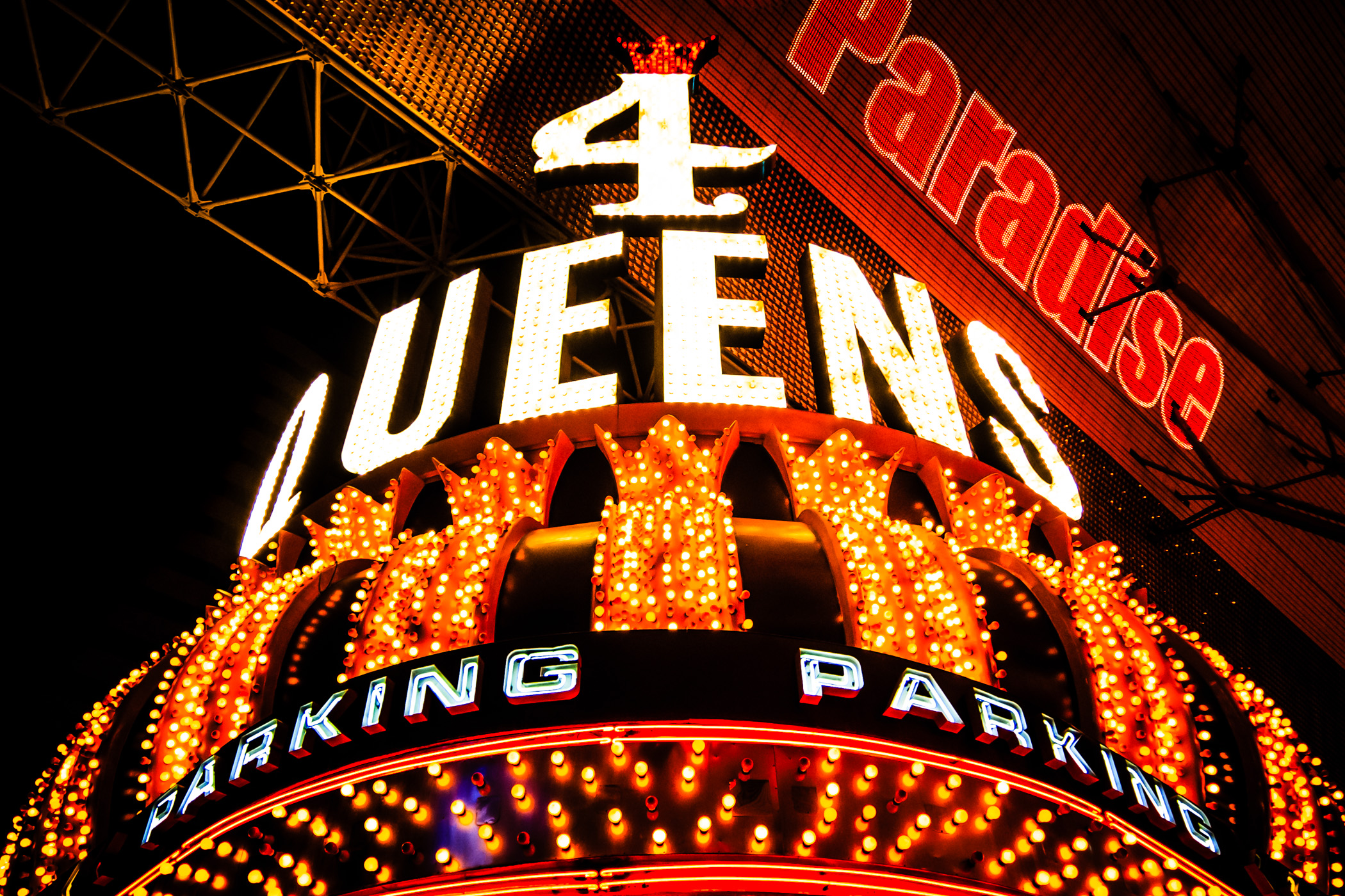 The glittering signs of the 4 Queens Casino, Las Vegas.