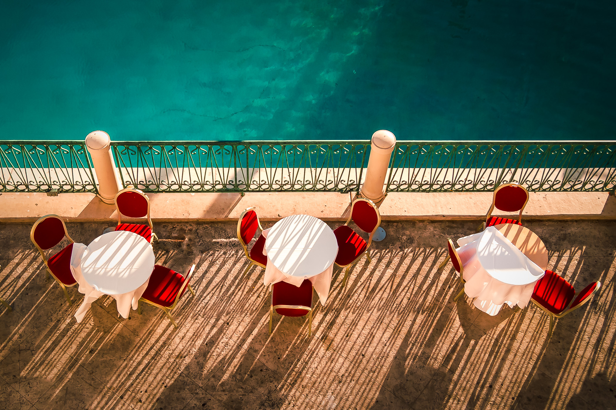 Tables on a patio overlooking the Grand Canal at The Venetian, Las Vegas.