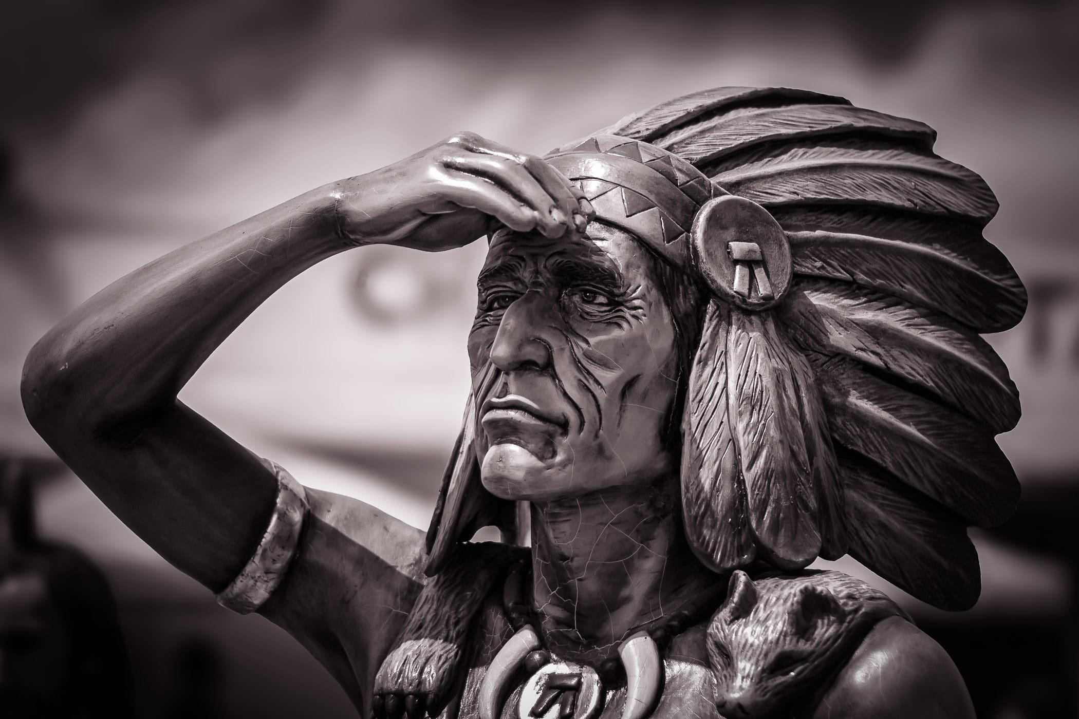A statue of an American Indian outside of a botanica in Oak Cliff, Dallas.