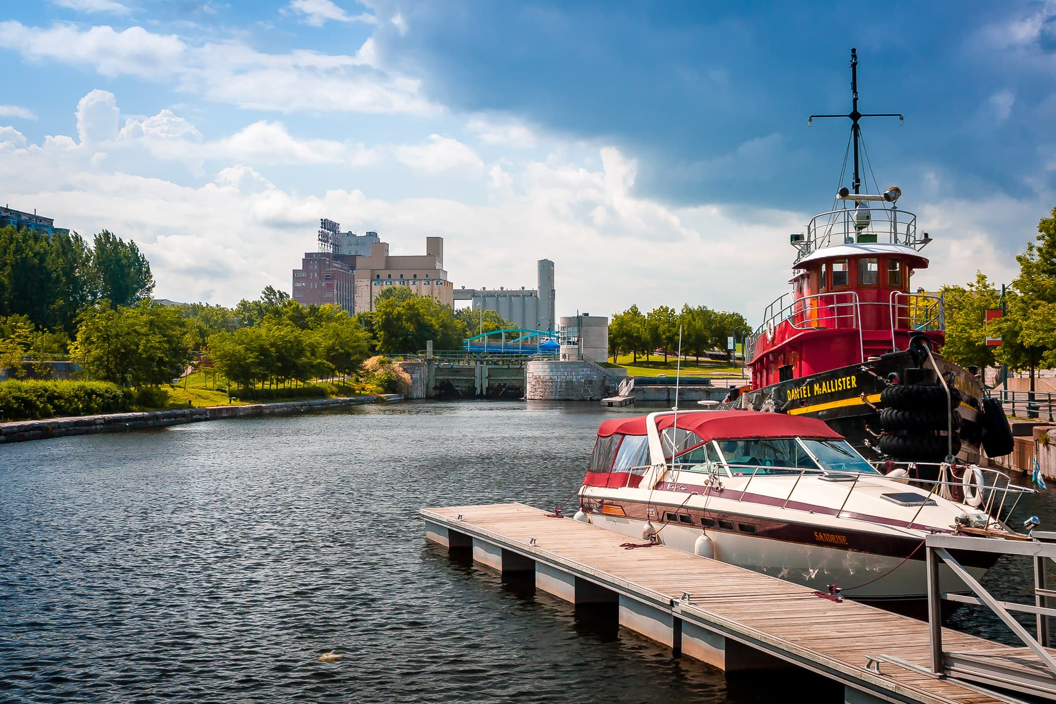 Boats docked along Montréal's Canal de Lachine as storm clouds roll in.