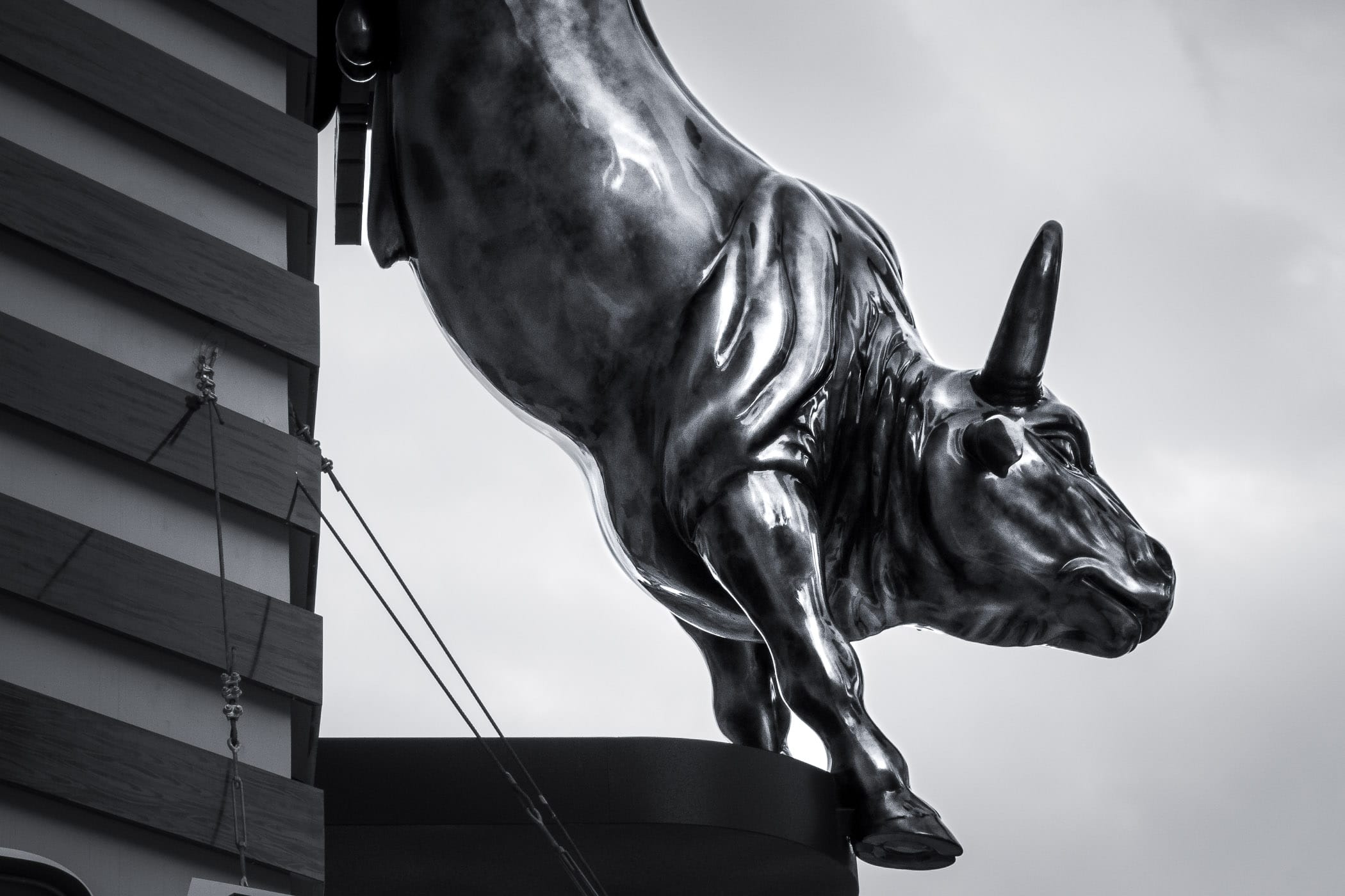 A statue of a bull on the outside of the PBR Rock Bar and Grill, Planet Hollywood Hotel and Casino, Las Vegas.