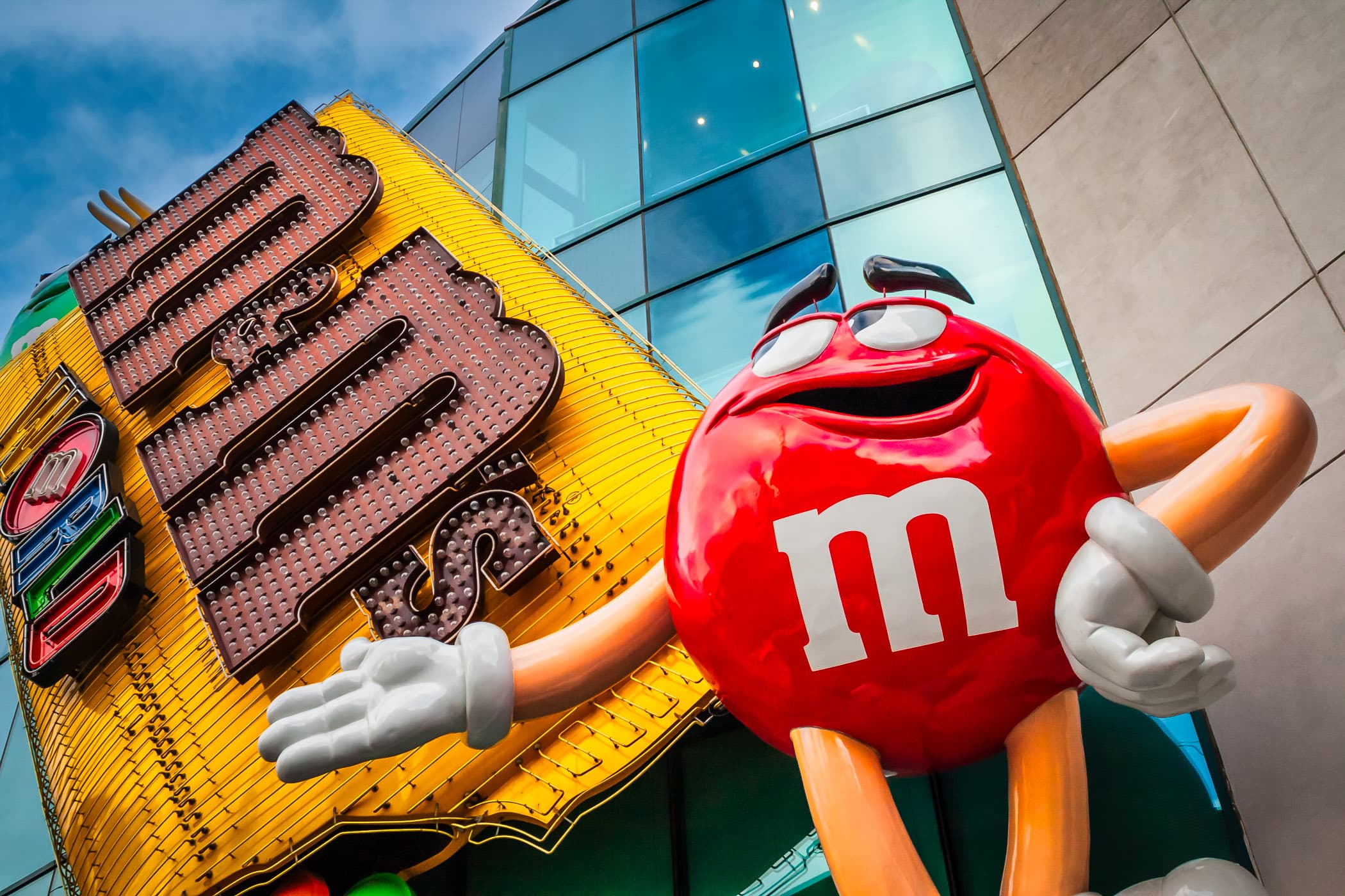 A giant anthropomorphic M&M welcomes visitors to the M&M's World in Las Vegas.