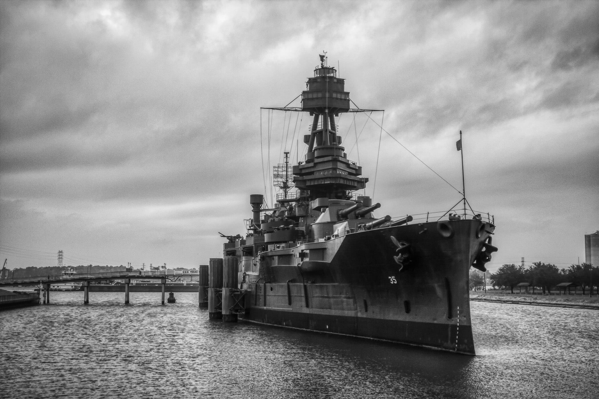 The USS Texas, commissioned in 1914, saw action in both World Wars, including D-Day and at Iwo Jima.  After being decommissioned in 1947, she was permanently moored adjacent to the Houston Ship Channel near the San Jacinto Monument to act as a museum ship.