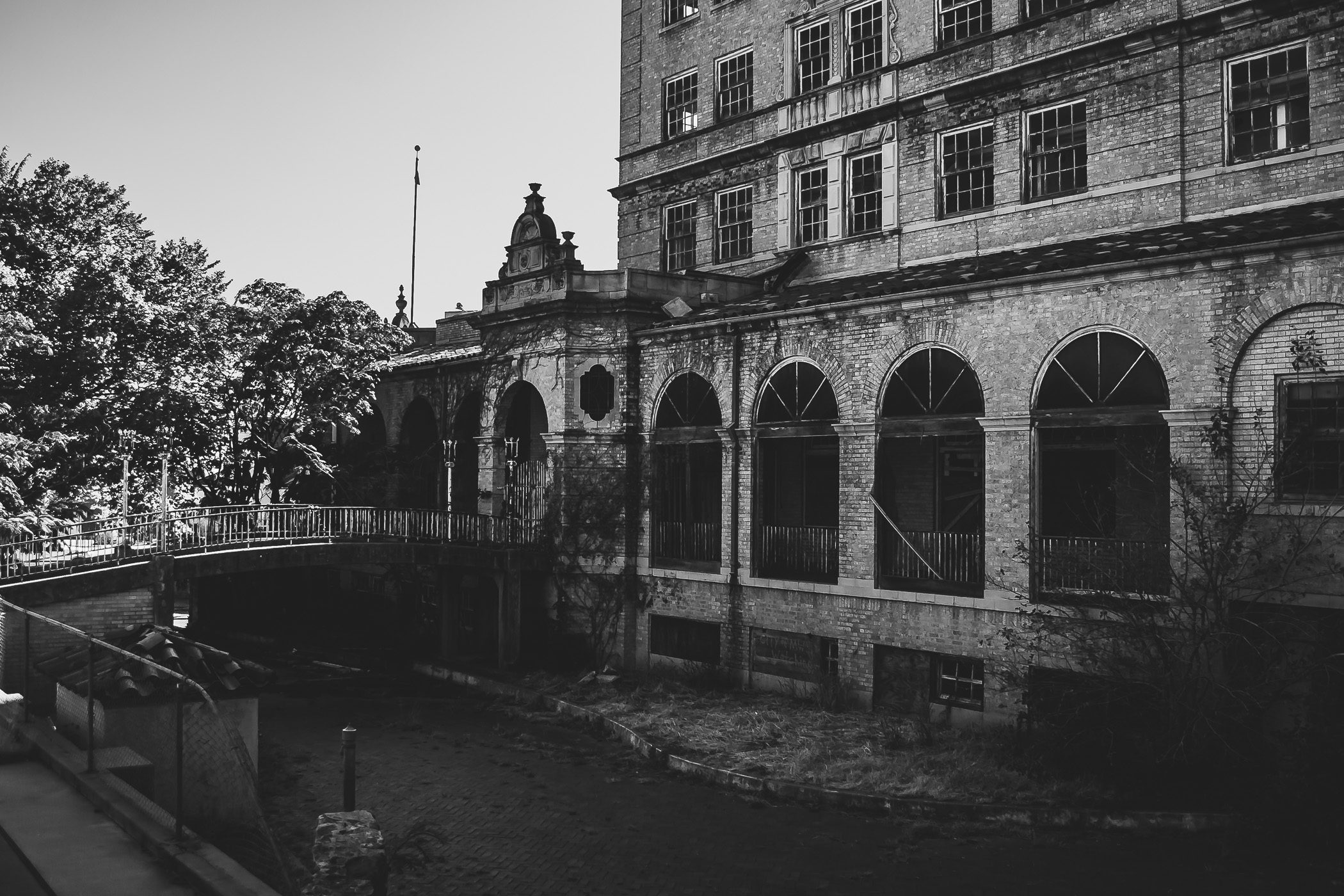 The back drive of Mineral Wells, Texas' Baker Hotel, abandoned since 1963.