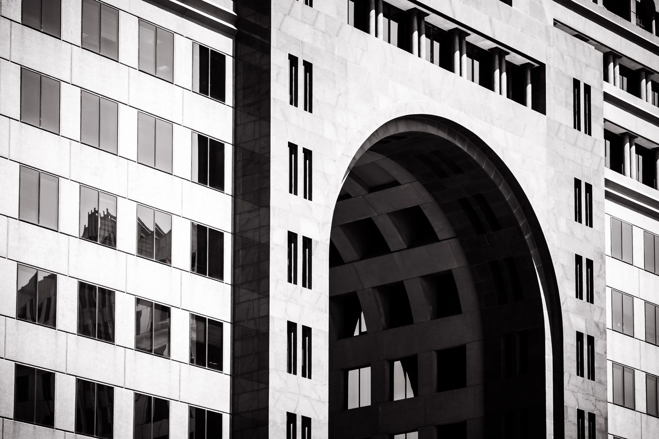 Detail of a an archway that passes through an office building in North Dallas.