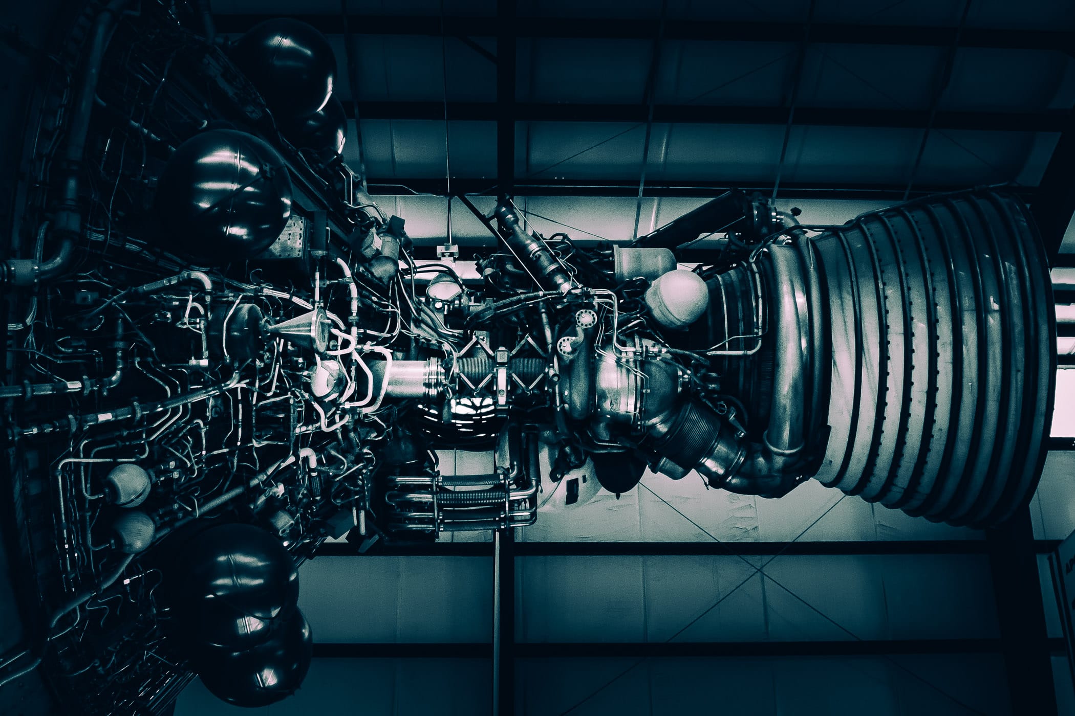 An engine from an intermediary stage of a Apollo program Saturn V rocket on display at NASA's Johnson Space Center, Houston, Texas.