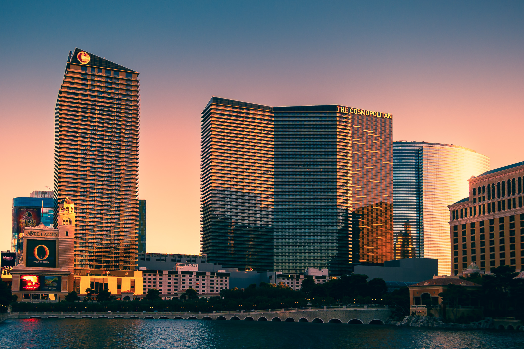 The sun sets on Las Vegas, giving golden hues to The Cosmopolitan of Las Vegas.