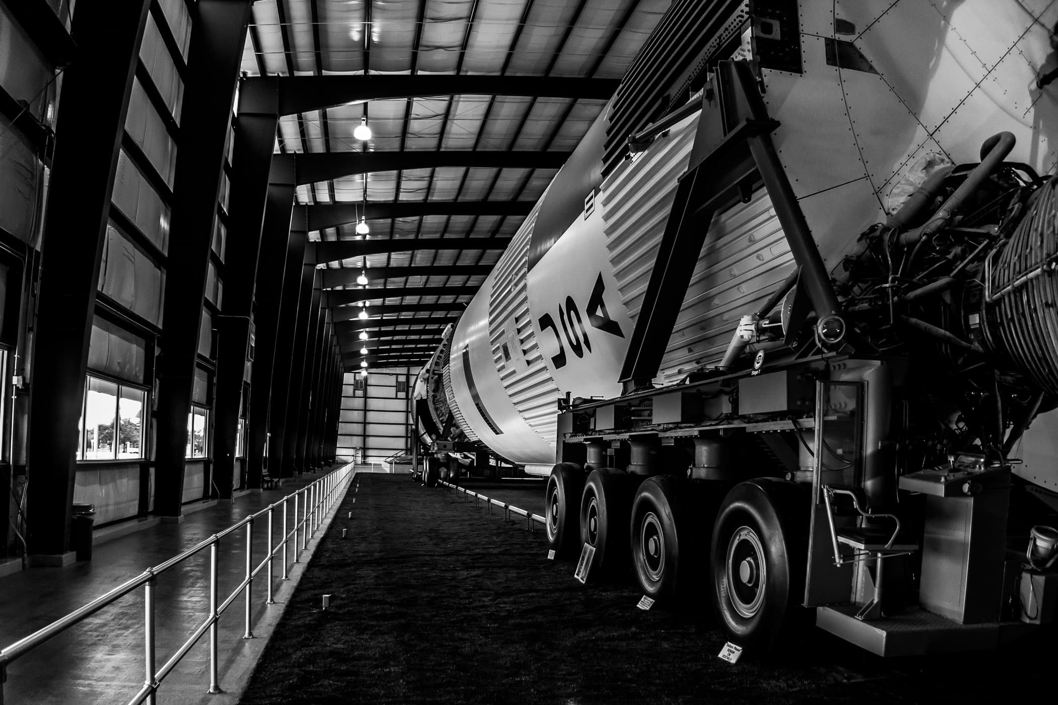 A Saturn V rocket inside a protective structure at Johnson Space Center, Houston, Texas.