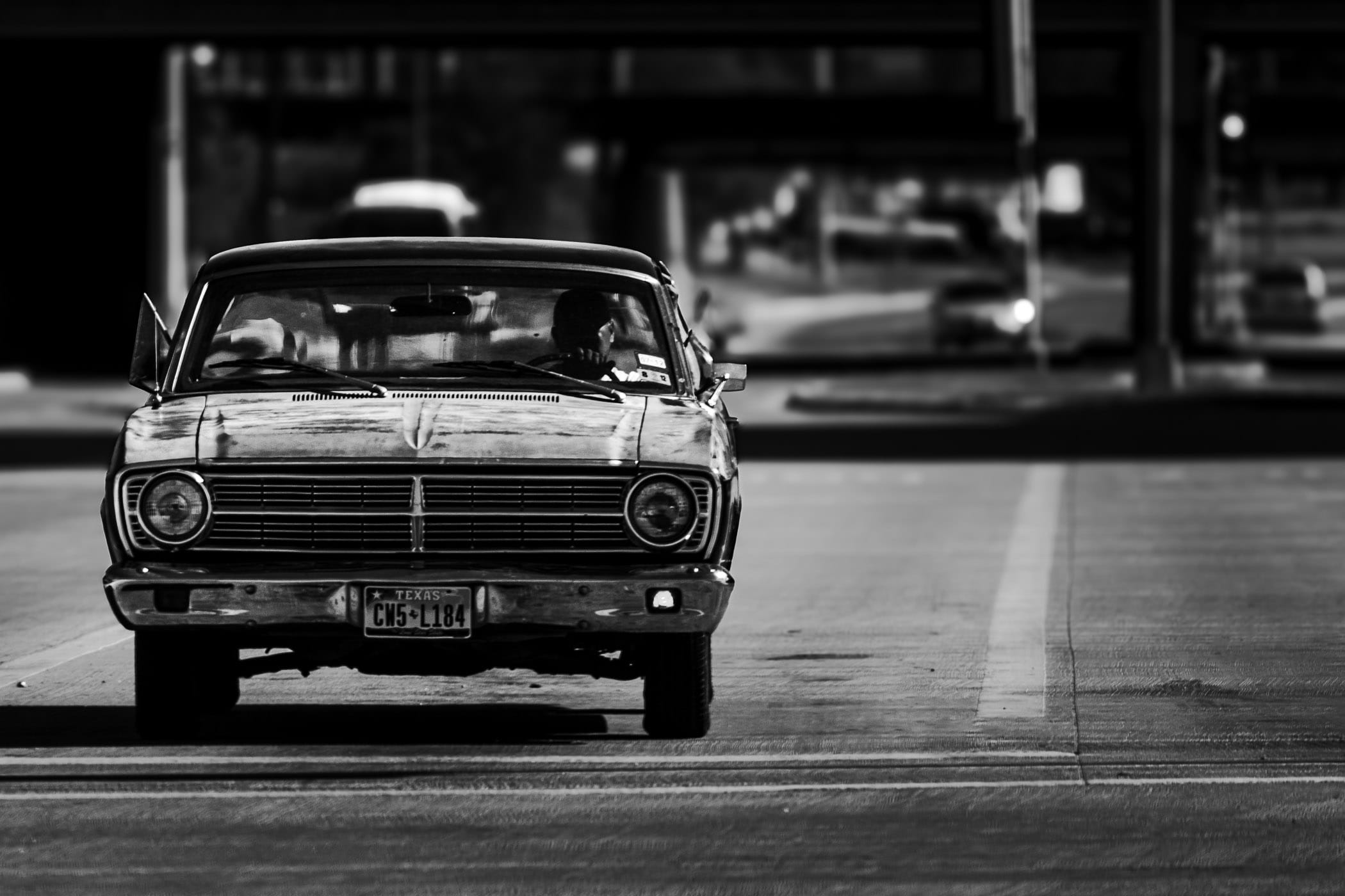 Driving a classic Ford Falcon in Dallas at I-35 and Inwood.