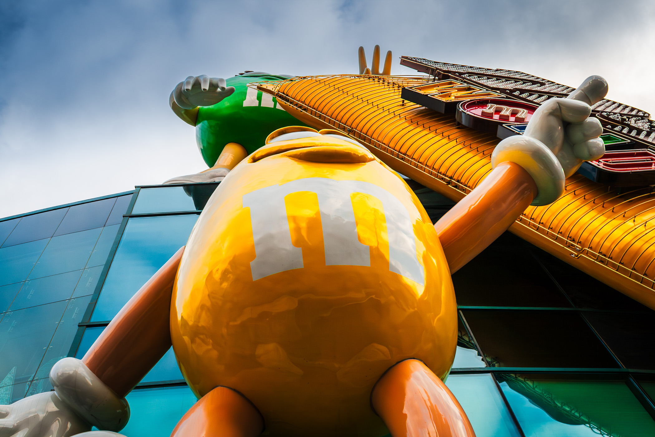 A fibreglass anthropomorphic M&M candy-shaped sign at M&M's World, Las Vegas.