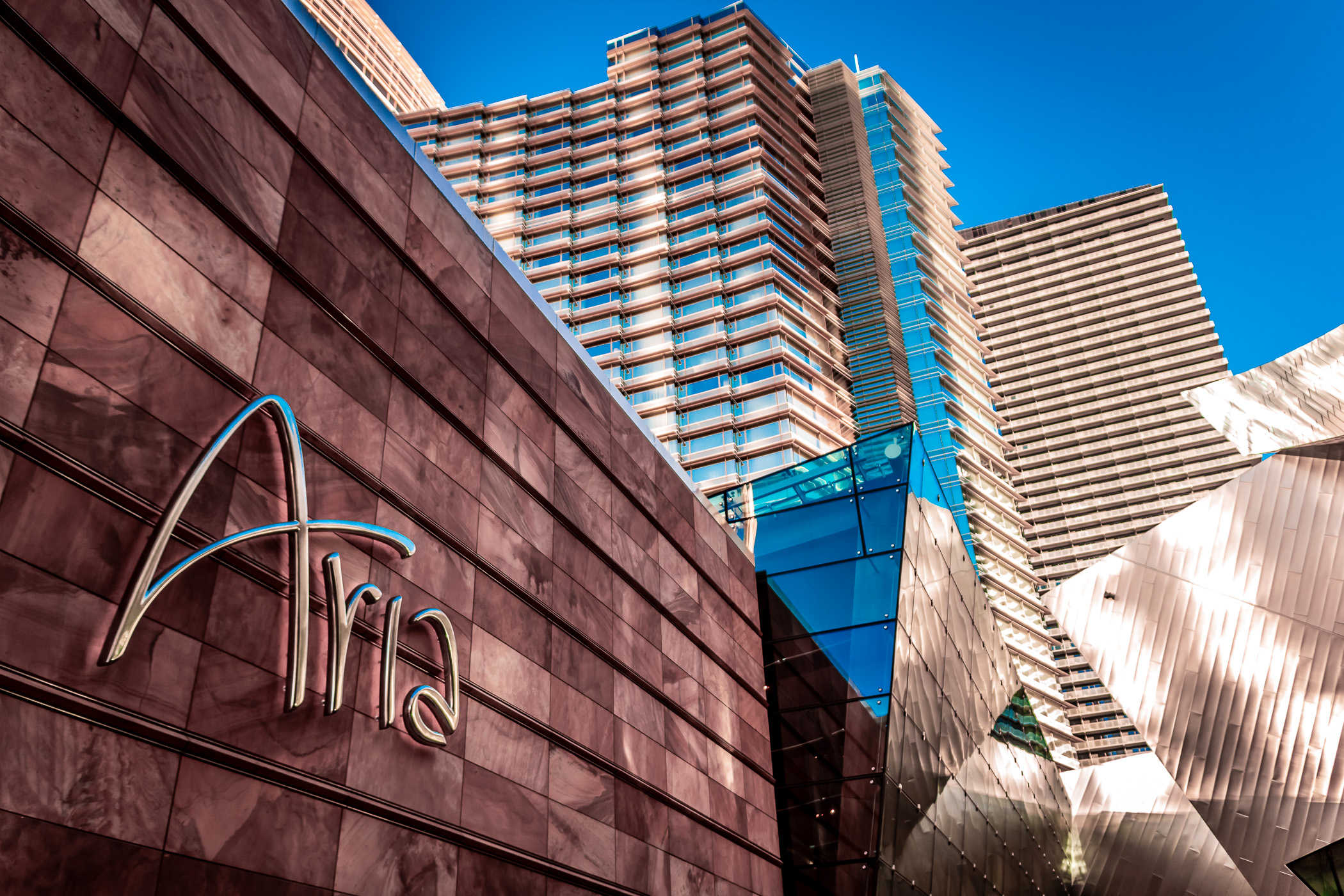 Ground-level signage at the Aria Resort & Casino, CityCenter, Las Vegas.