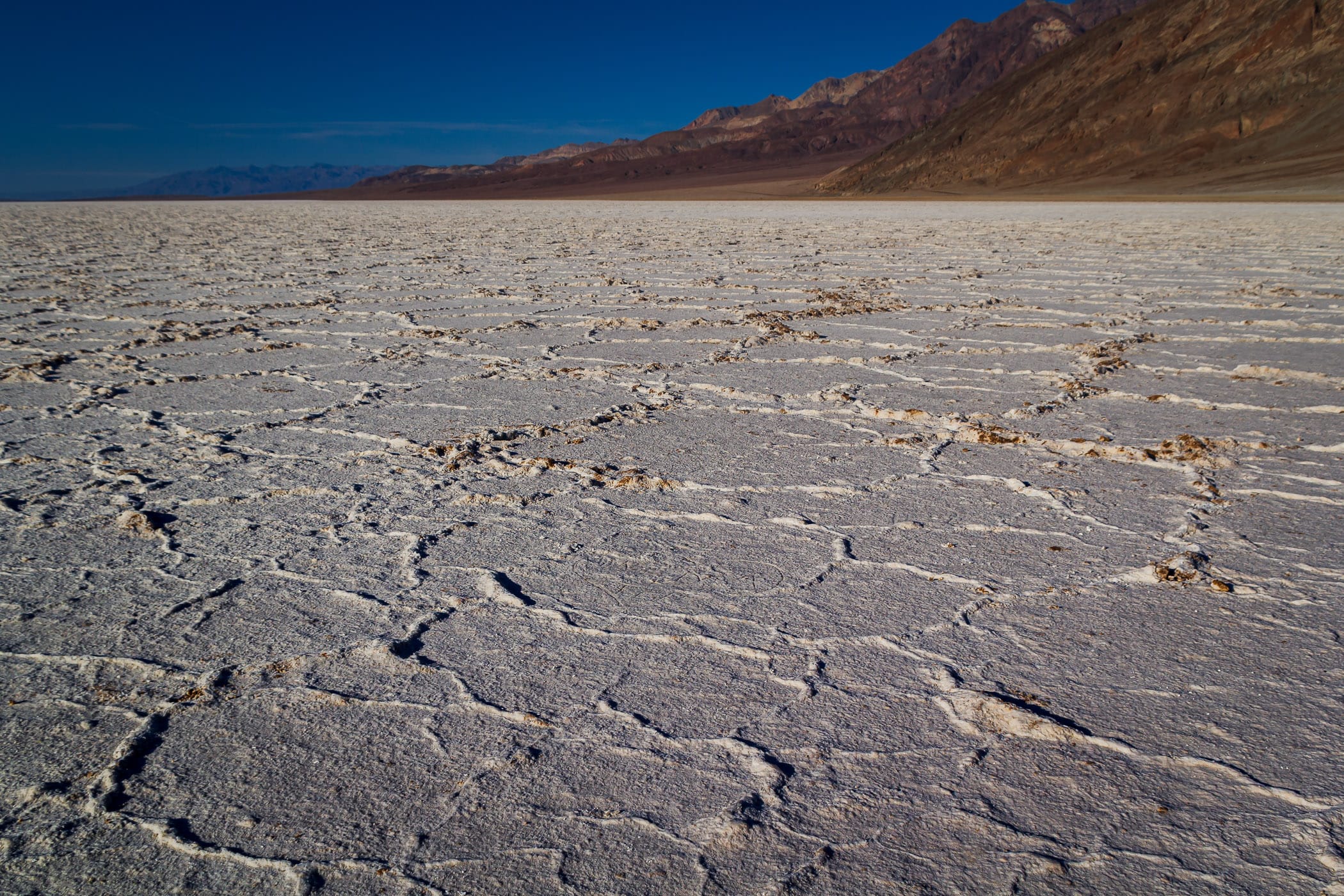The salt flats of Badwater Basin—the lowest point in the United States—at Death Valley National Park, California.