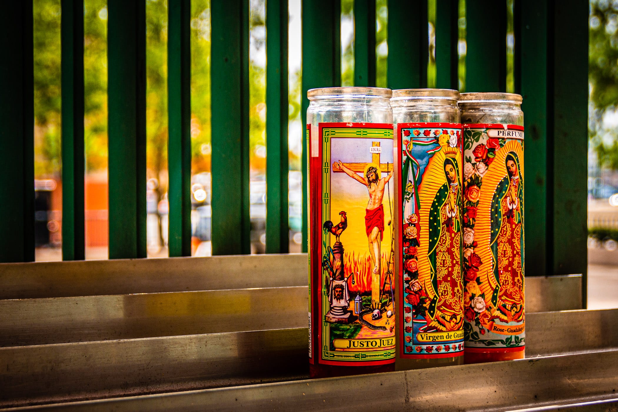 Votive candles outside the Cathedral Shrine of the Virgin of Guadalupe in the Dallas Arts District.