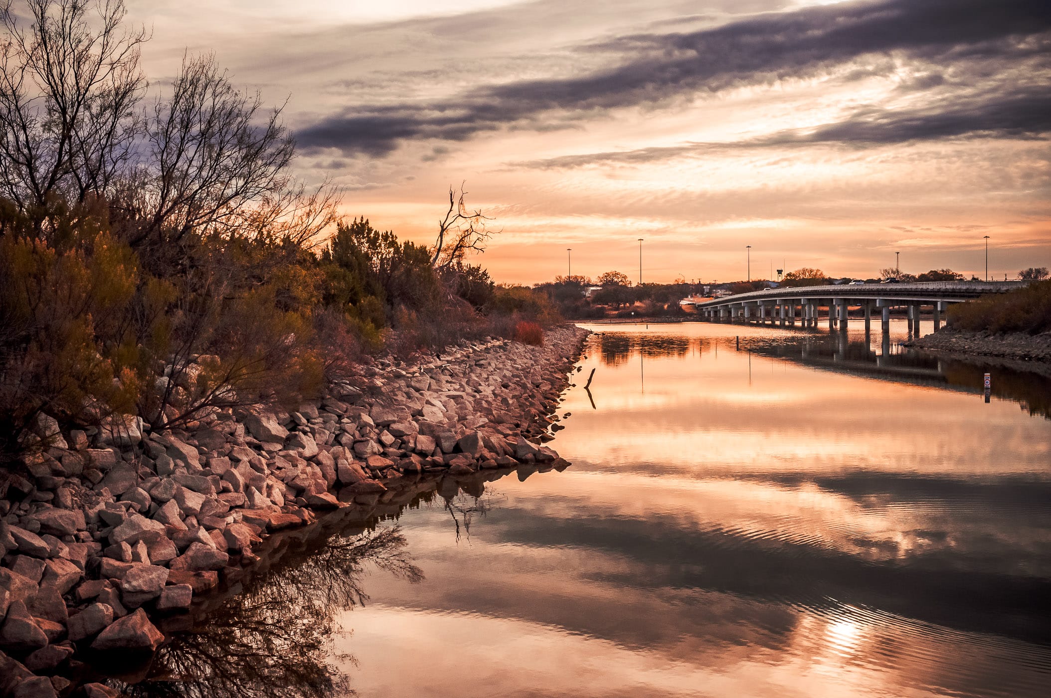 The sun's first light illuminates Lake Granbury, Texas.