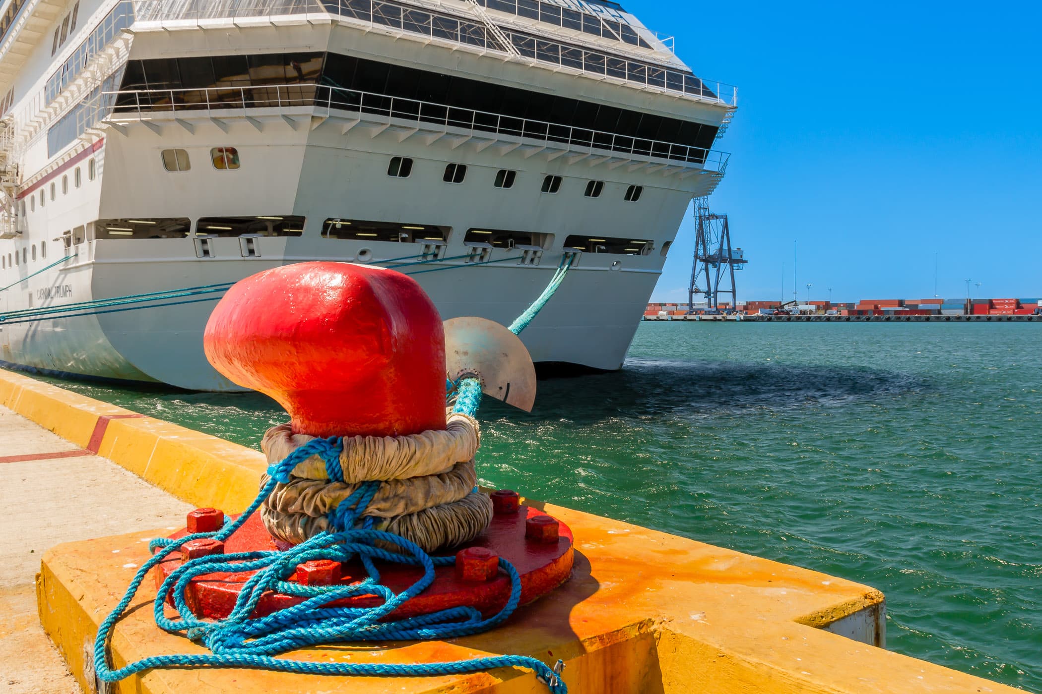 A hawser, or large rope, ties the Carnival Triumph to a dock's bitt at Progreso, Mexico.