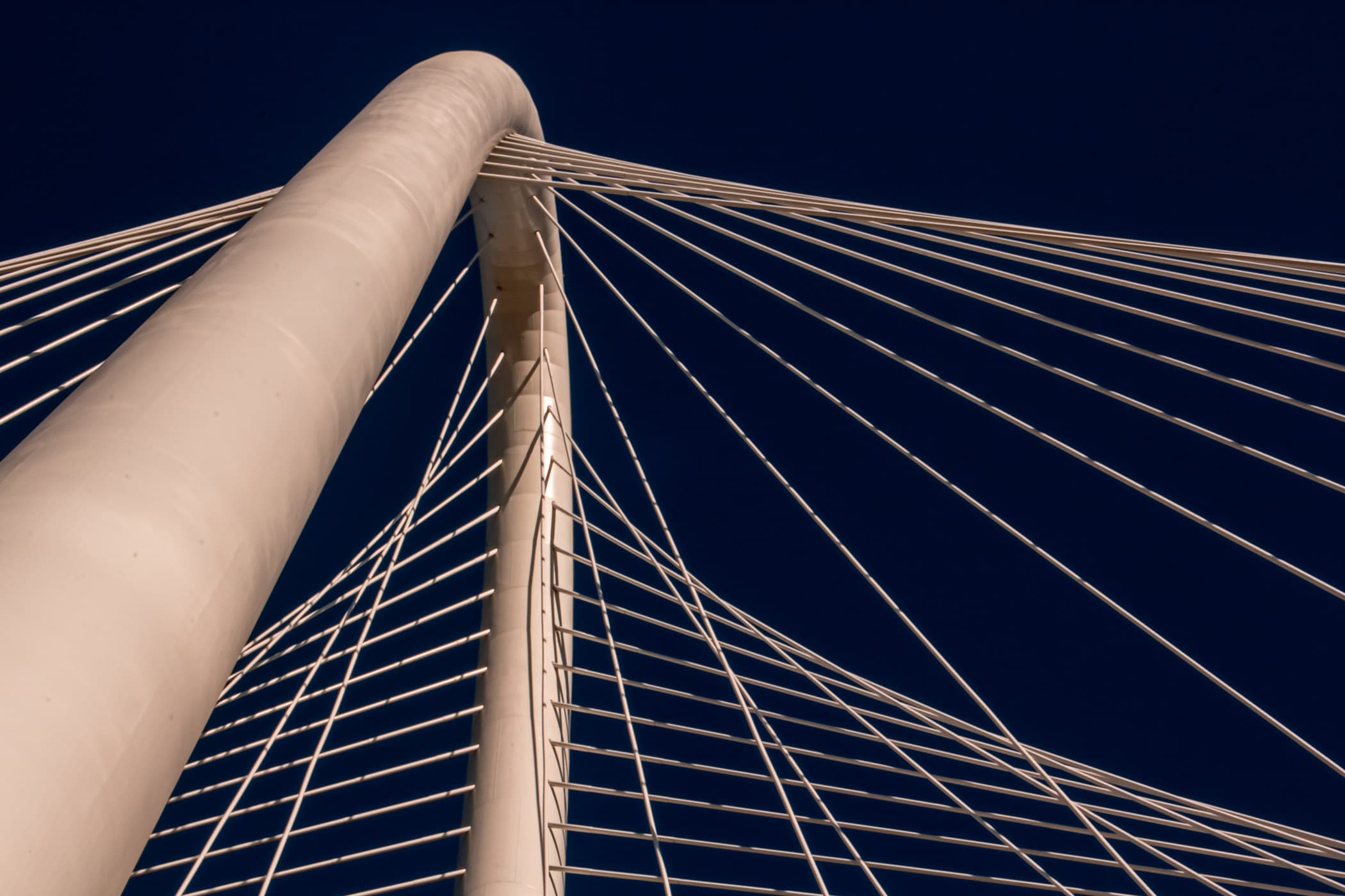 The main arch and the support cables for Santiago Calatrava's Margaret Hunt Hill Bridge, Dallas.
