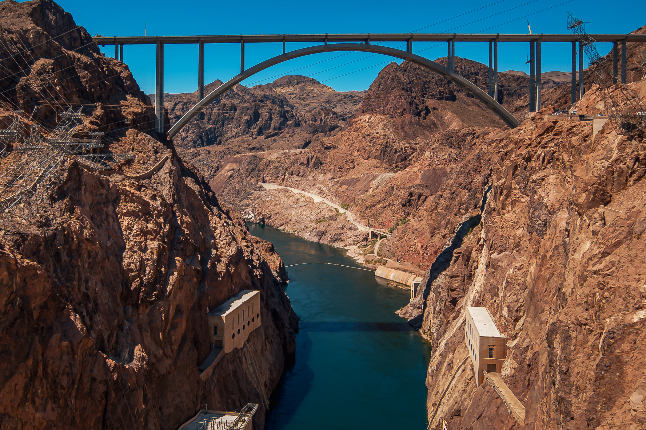 The Mike O'Callaghan–Pat Tillman Memorial Bridge, spanning the Colorado River and connecting Nevada and Arizona, as seen from top of Hoover Dam.