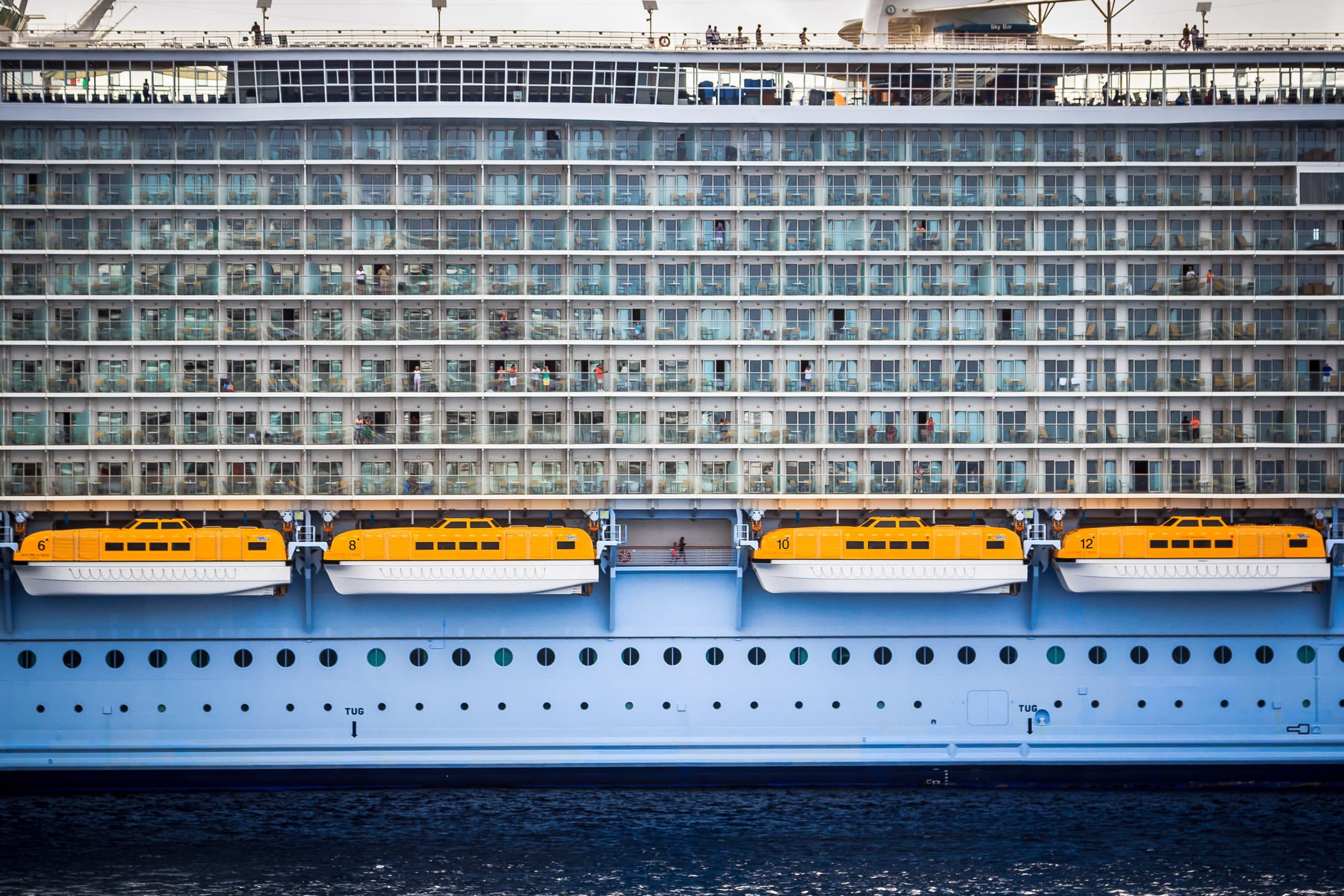 Detail of Royal Caribbean's Allure of the Seas—the largest passenger ship ever built—while docked in Cozumel, Mexico.