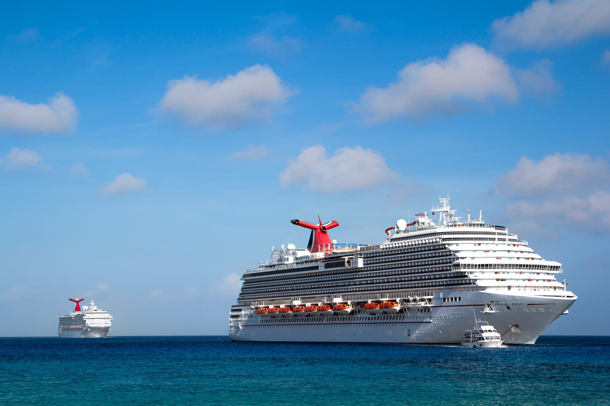 The Carnival Magic and the Carnival Liberty off the coast of George Town, Grand Cayman.