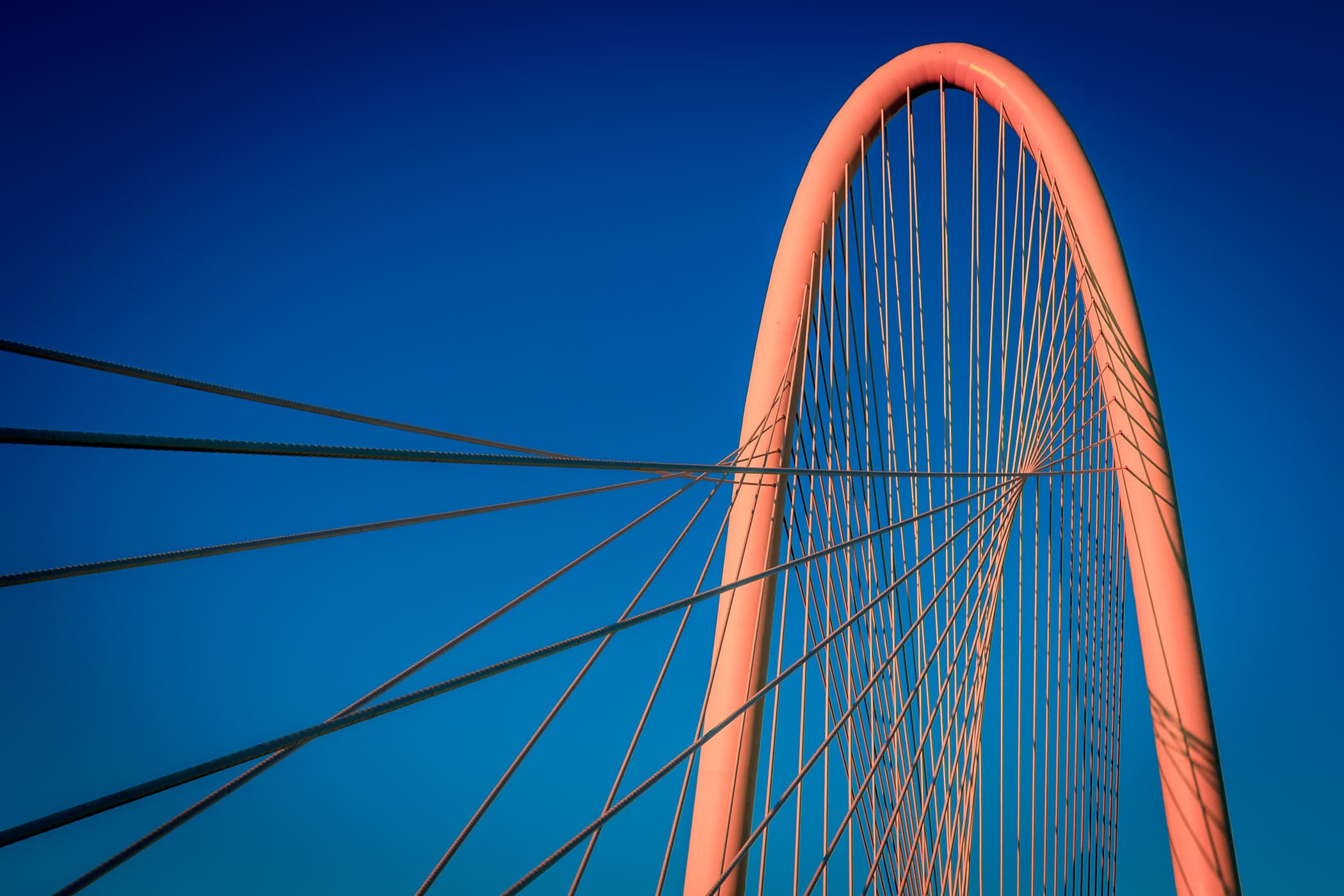 The first light of dawn casts an orange glow over Dallas' Margaret Hunt Hill Bridge, designed by Santiago Calatrava and dedicated in 2012.