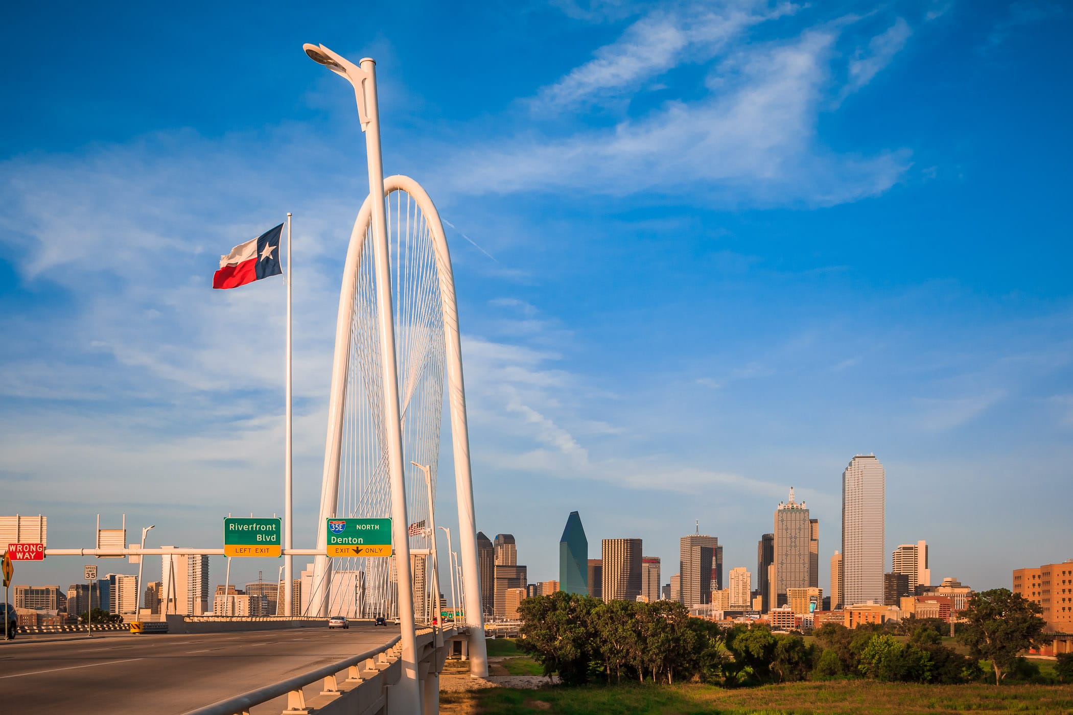 The Santiago Calatrava-designed Margaret Hunt Hill Bridge, leading from West Dallas to Downtown Dallas over the Trinity River.