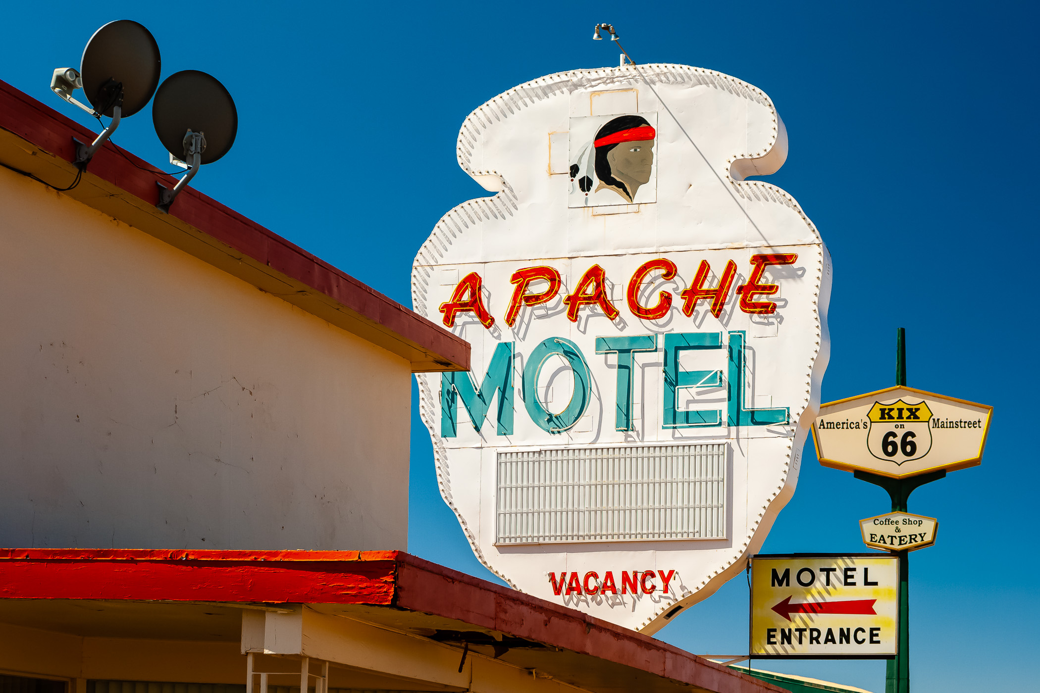 The sign at the Apache Motel in Tucumcari, New Mexico along historic Route 66.