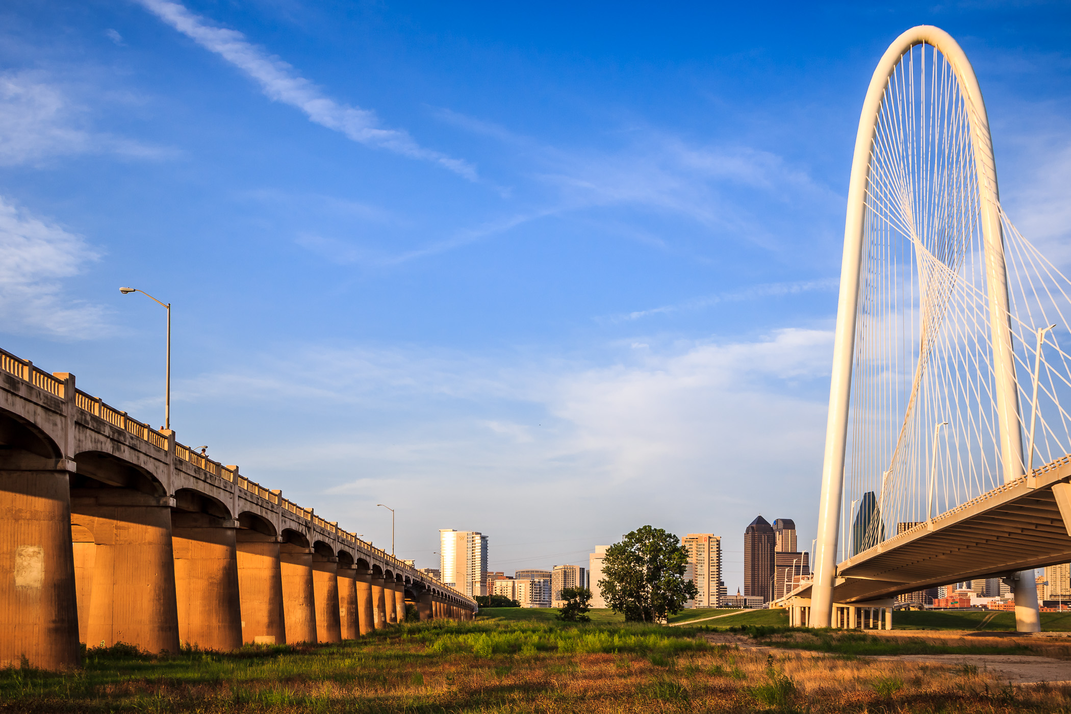 Dallas' Continental Avenue Viaduct (on the left) and Margaret Hunt Hill Bridge (right) span the Trinity River floodplain just west of downtown.