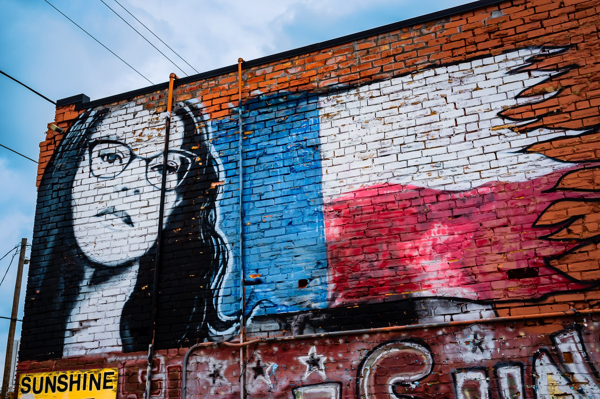 A mural of singer-songwriter Lisa Loeb and a stylized Texas flag, found in Dallas' Deep Ellum neighborhood.