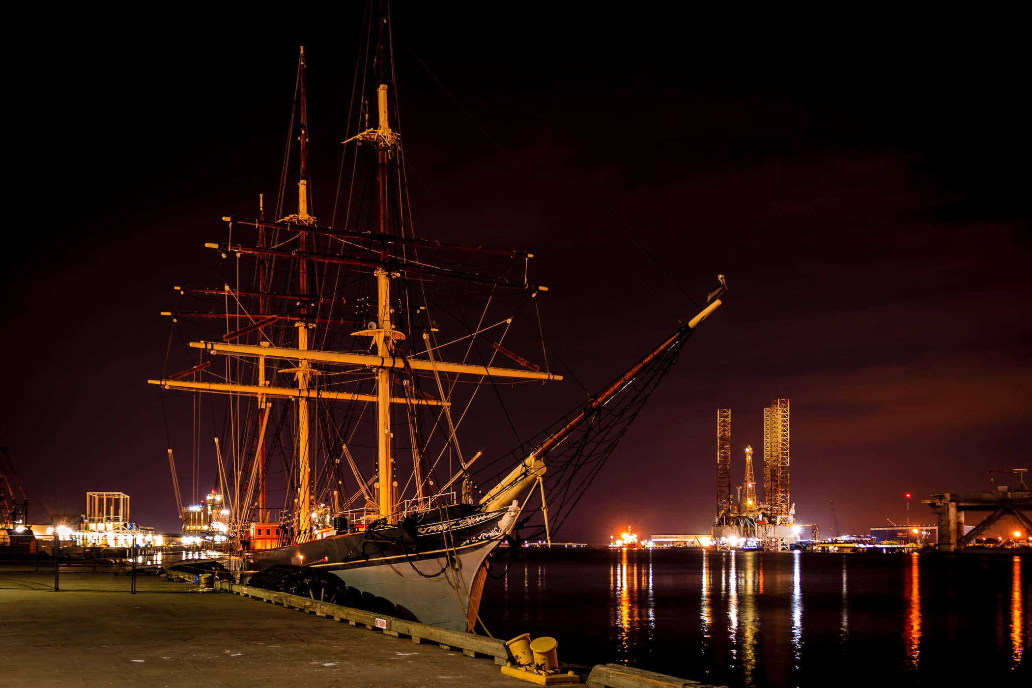 A night time shot of the Elissa, a tall ship launched in 1877 and now ported in Galveston, Texas.