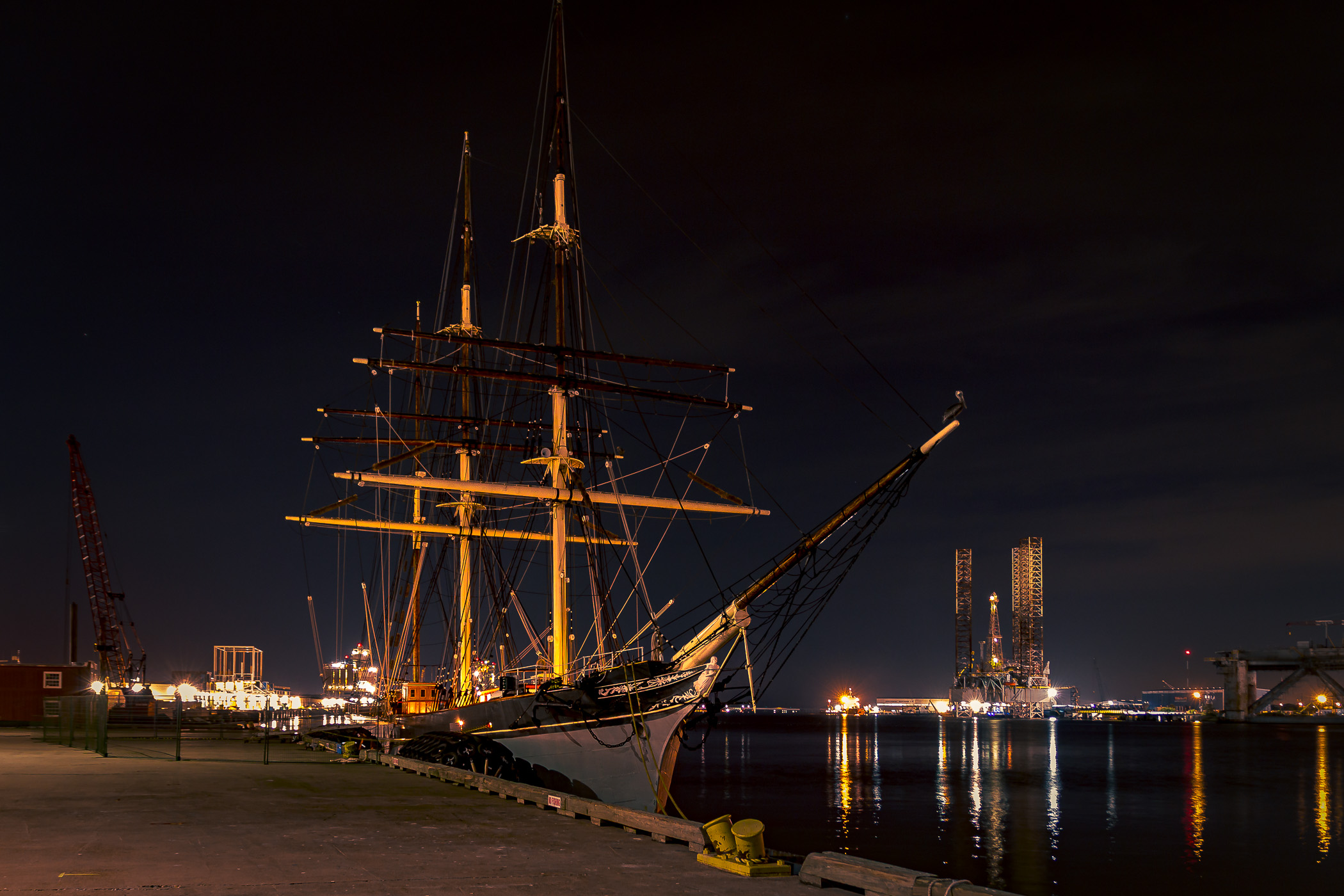 A night time shot of the Elissa, a tall ship launched in 1877 and now ported in Galveston, Texas.