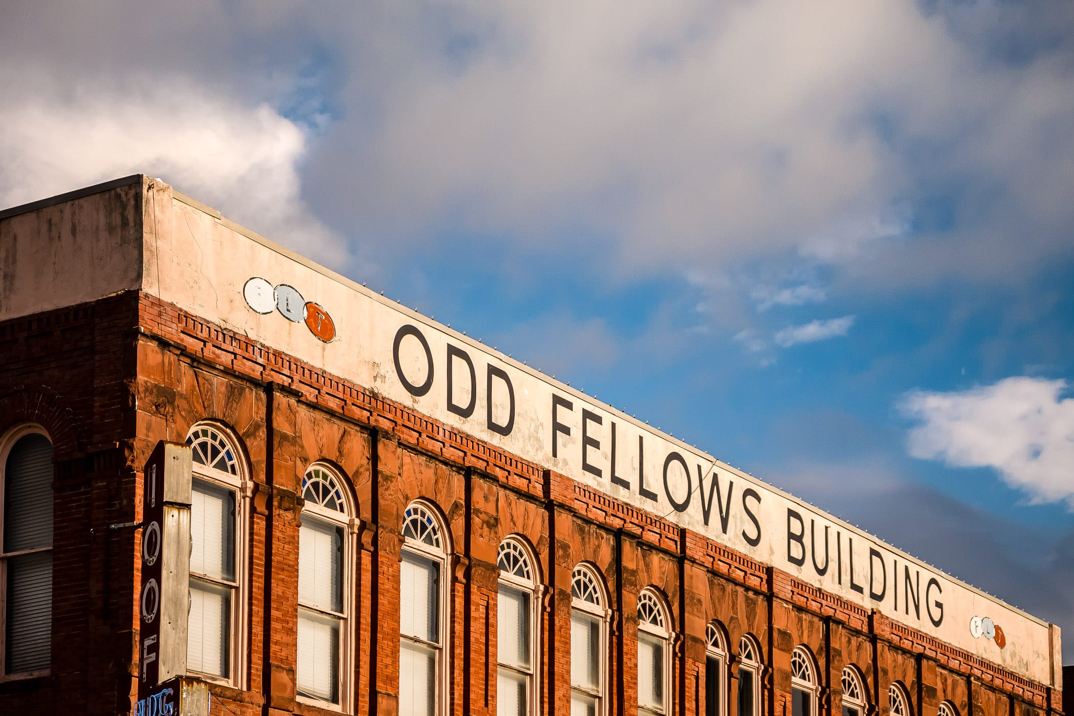Exterior detail of the Independent Order of Odd Fellows (IOOF) lodge in Downtown Waxahachie, Texas.