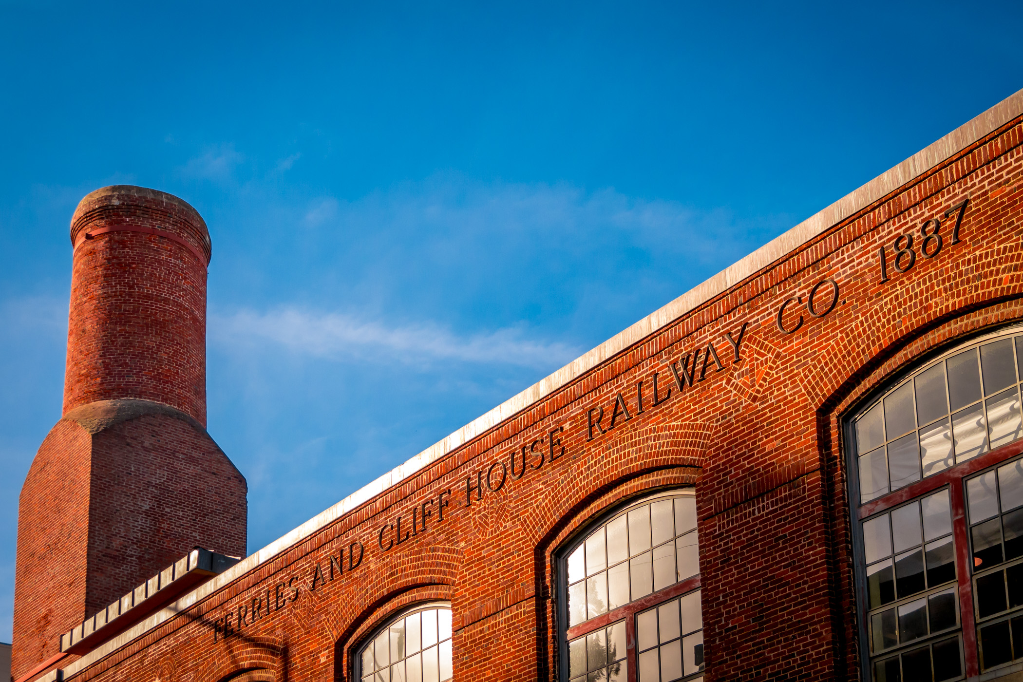 Exterior detail of San Francisco's Washington/Mason cable car barn and powerhouse, this building is now the Cable Car Museum and powerhouse for the city's cable car system.