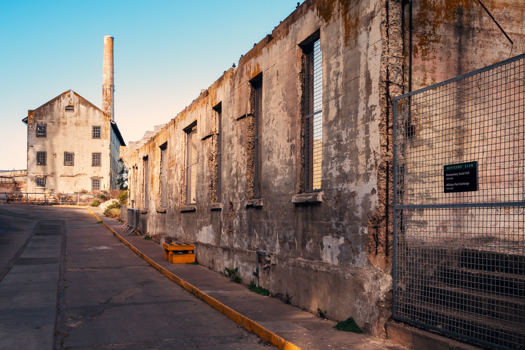 Exterior detail of the ruins of the former Officers' Club, which served as both a Post Exchange and the Penitentiary Social Hall during its history, at Alcatraz Prison, San Francisco.