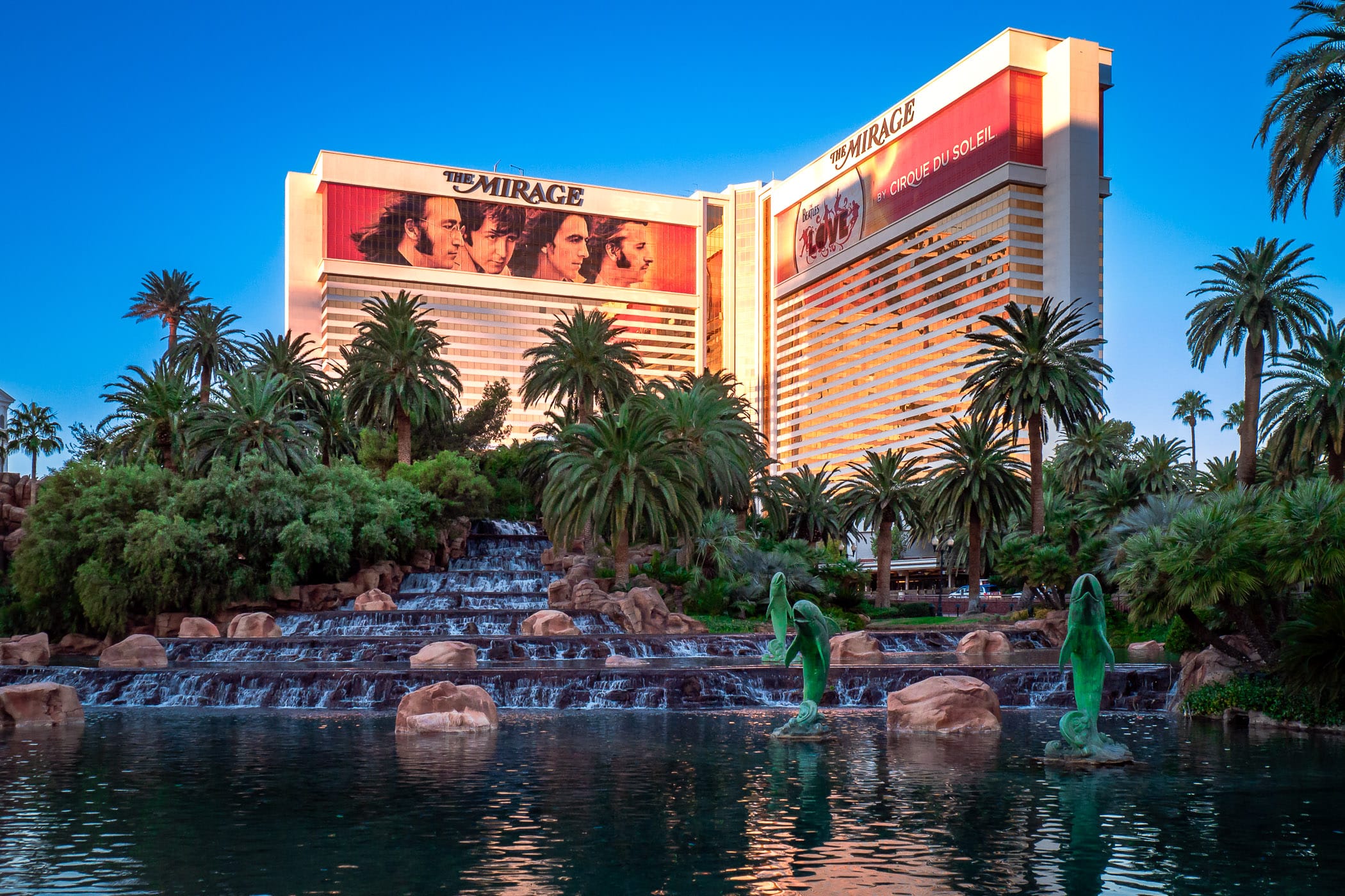 The early-morning sunlight illuminates Las Vegas' Mirage Hotel & Casino.